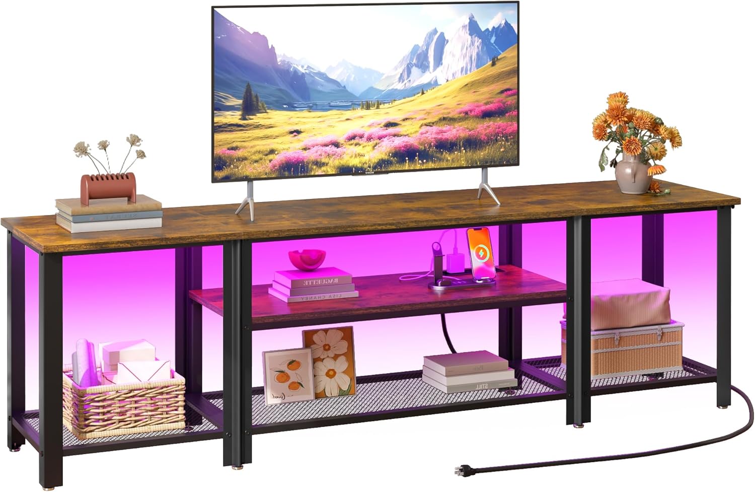 WelFurGeer Industrial Metal TV Stands with RGB LED Lights & Built-in Power Outlets - Modern TV Entertainment Center for Living Room, Open Grid Design TV Console with Storage (Brown)