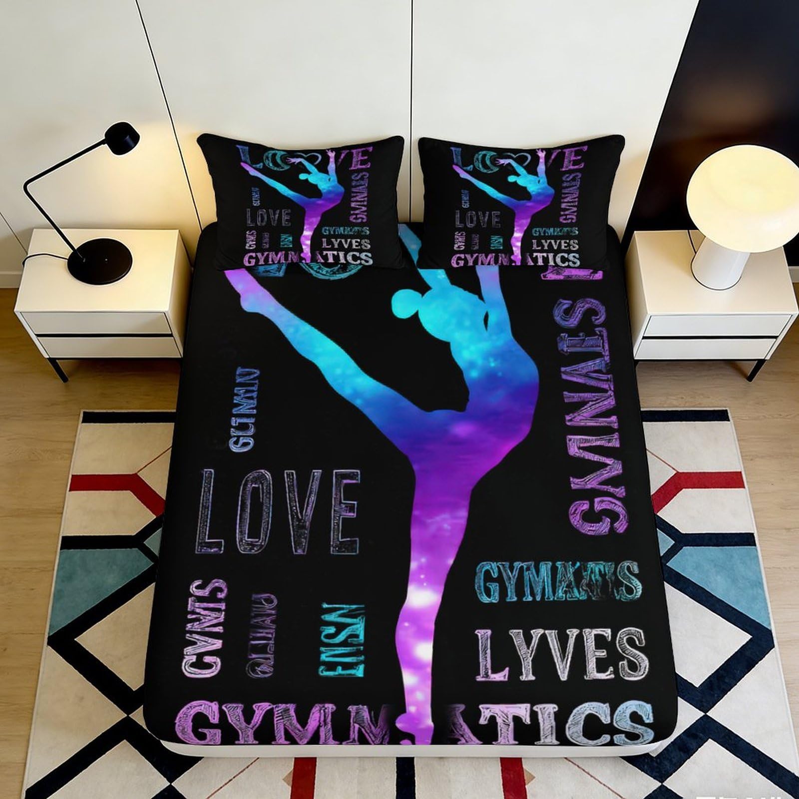 3D Printed Gymnastics Silhouette Fitted Sheet Microfiber Soft Breathable Artistic Black Bed Cover for Bedroom Dormitory Guest Room Mattress Protection 120x200x25cm