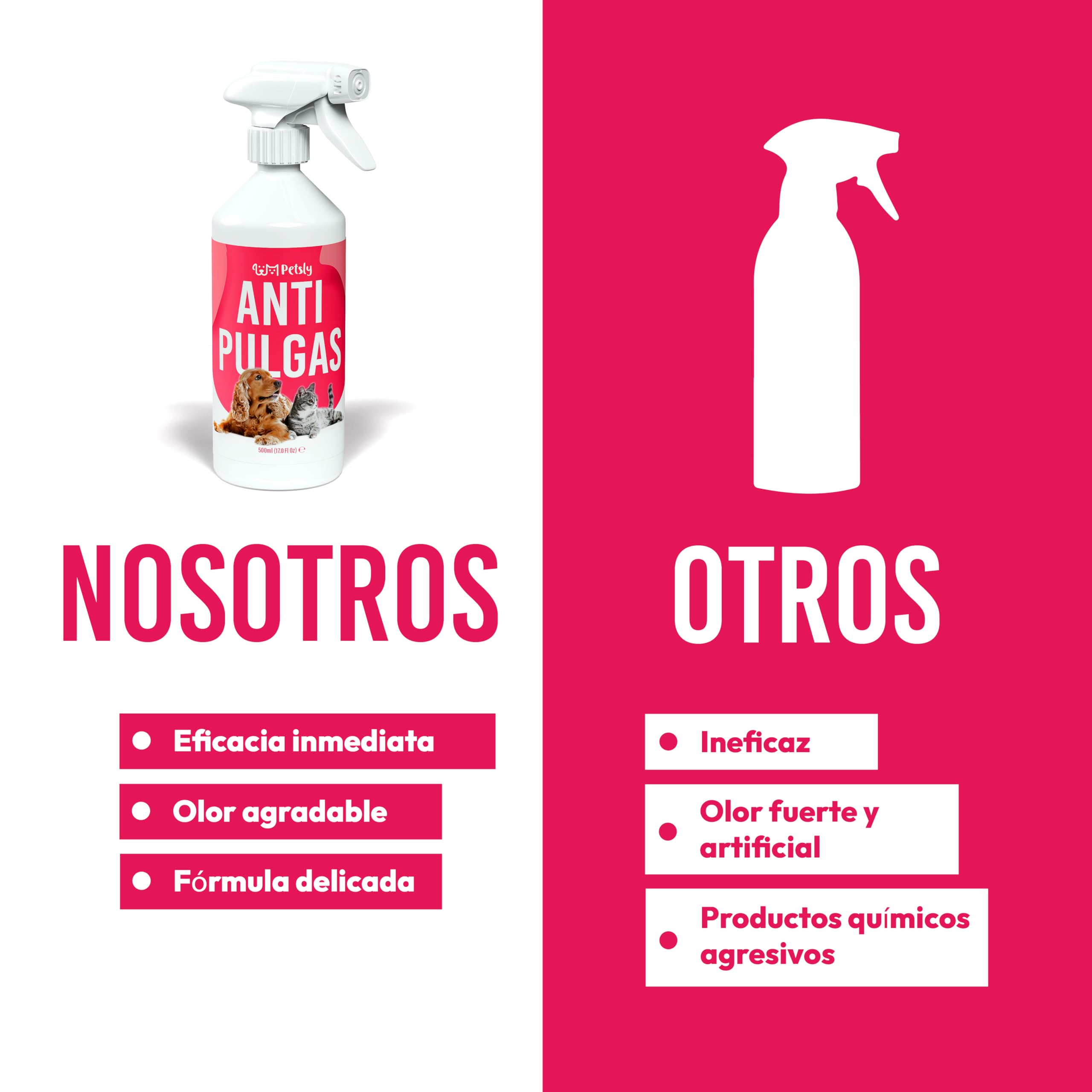Petsly® Spray Antipulgas para Perros y Gatos -500ml- No Mancha - Antiparasitario Perros con Geraniol - Tratamiento Anti Pulgas, Garrapatas y Ácaros para el Hogar, Muebles y Textiles - Antipulgas Gatos