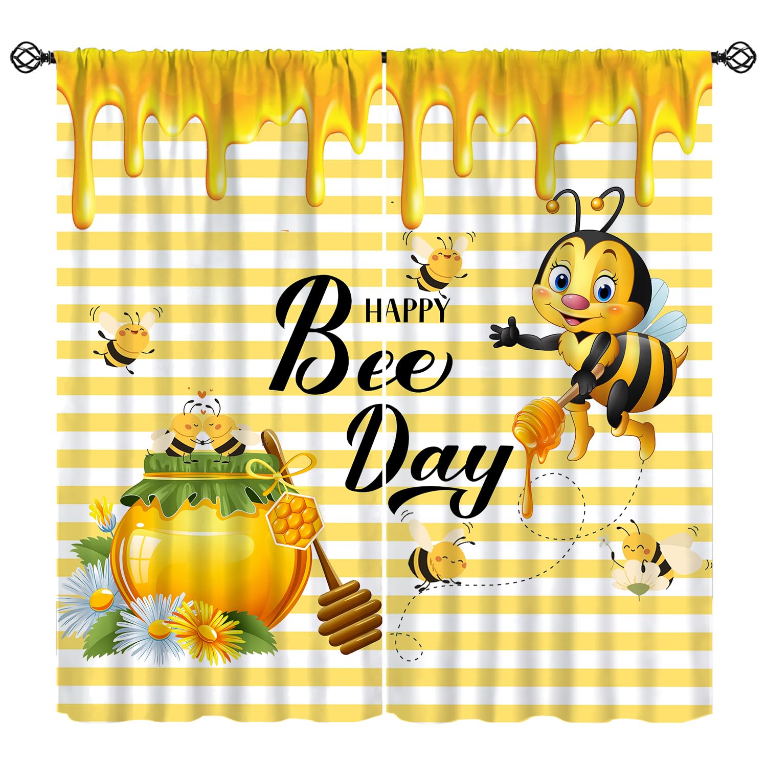 Cute Bee Curtains, Rustic Yellow Honey Bee Honeycomb Farmhouse Country Blackout Window Treatments, Rod Pocket Thermal Insulated Drapes 2 Panel Sets for Bedroom Living Room Kitchen, 42