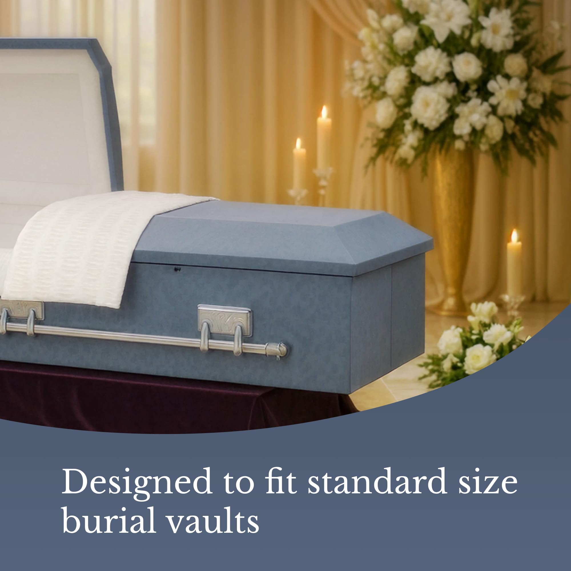 Titan Casket – Oversized Slate Gray Cloth Covered Casket with White Crepe Interior | Handcrafted Large Funeral Casket for Dignified Burial Services