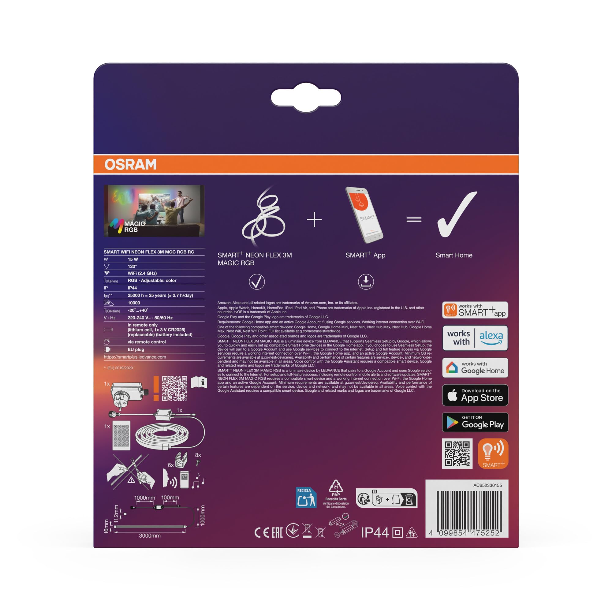 OSRAM SMART WIFI NEON FLEX MGC RGB RC kolorowe paski LED do użytku na zewnątrz z technologią WiFi i równomiernym rozsyłem światła, możliwość przyciemniania, biały, silikon, 3 m, niewymienne żarówki