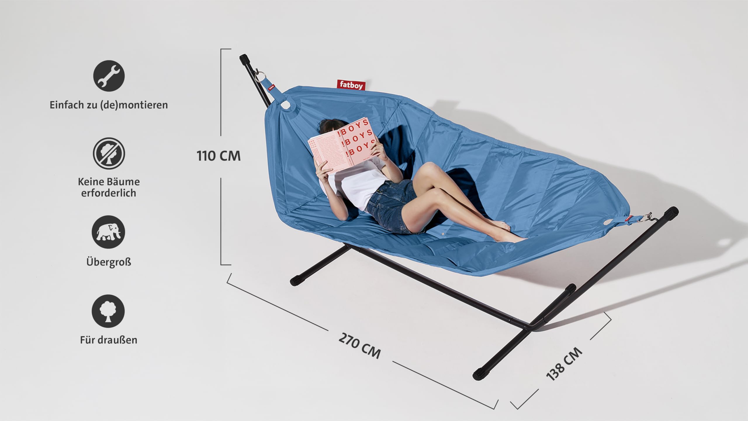 Fatboy® Hamaca Doble con Soporte Resistente al Agua, para jardín y terraza - 270 x 138 cm (MAX. 150 kg) - Azul Claro Vaquero
