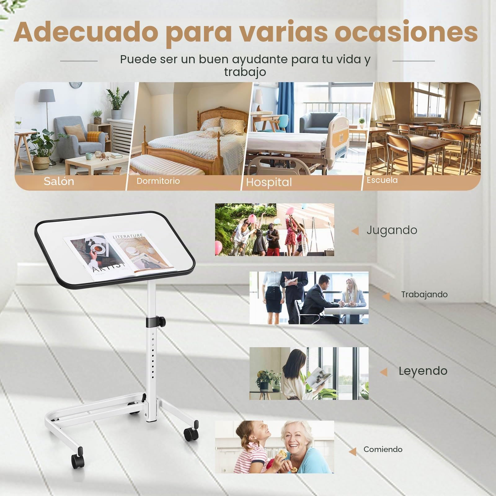 LIFEZEAL mesa Auxiliar con Ruedas, Regulable en Altura, Giratoria, Portátil en Forma de C, para Pacientes, 61 x 40,5 x 73-93 cm (Blanco)més