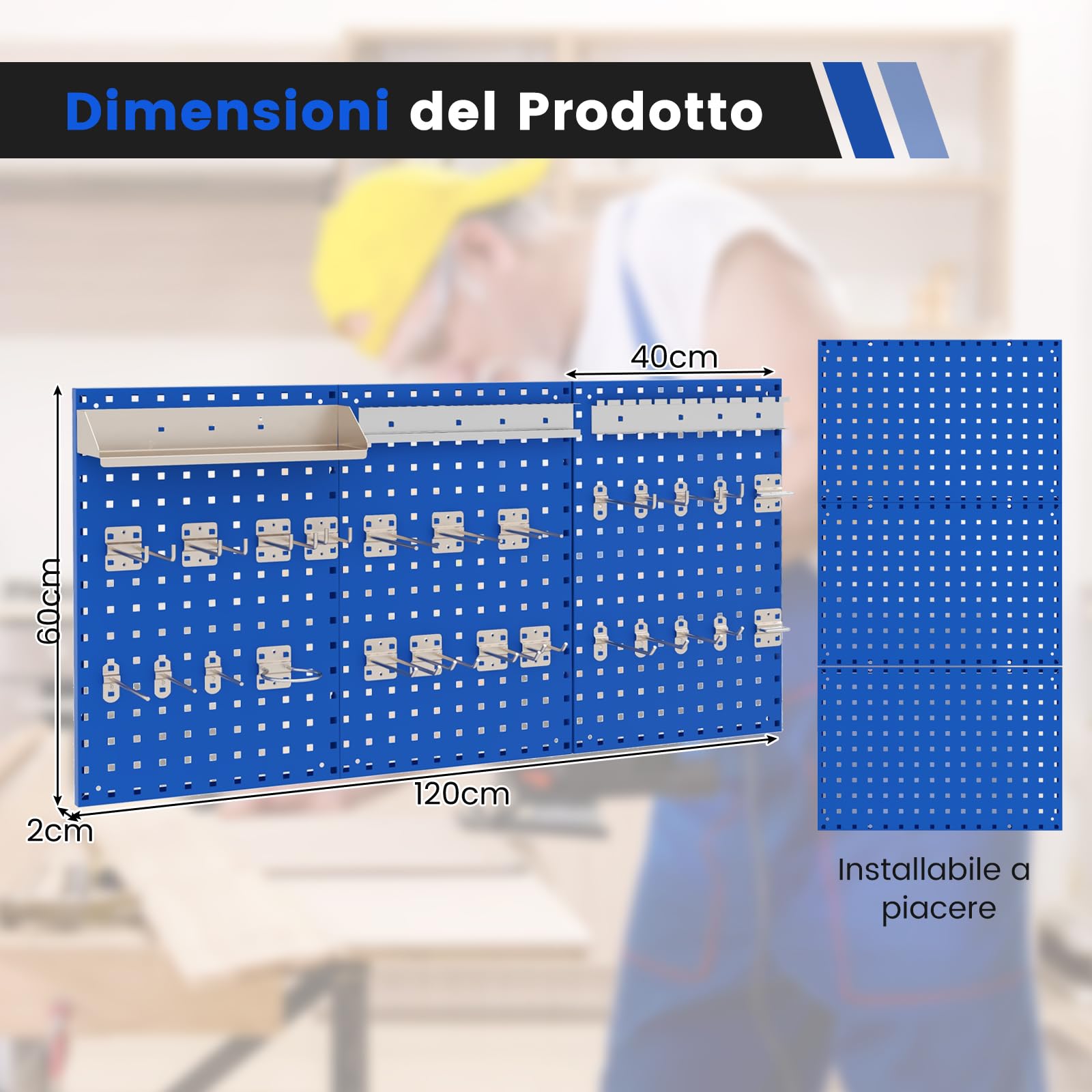 GYMAX Pannello Portaoggetti da Parete, 3 Pannelli Forato Portautensili con 25 Ganci, Porta Trapano, Porta Cacciaviti, Piattaforma di Stoccaggio, Kit Pegboard in Metallo, per Garage, Officina(Blu)