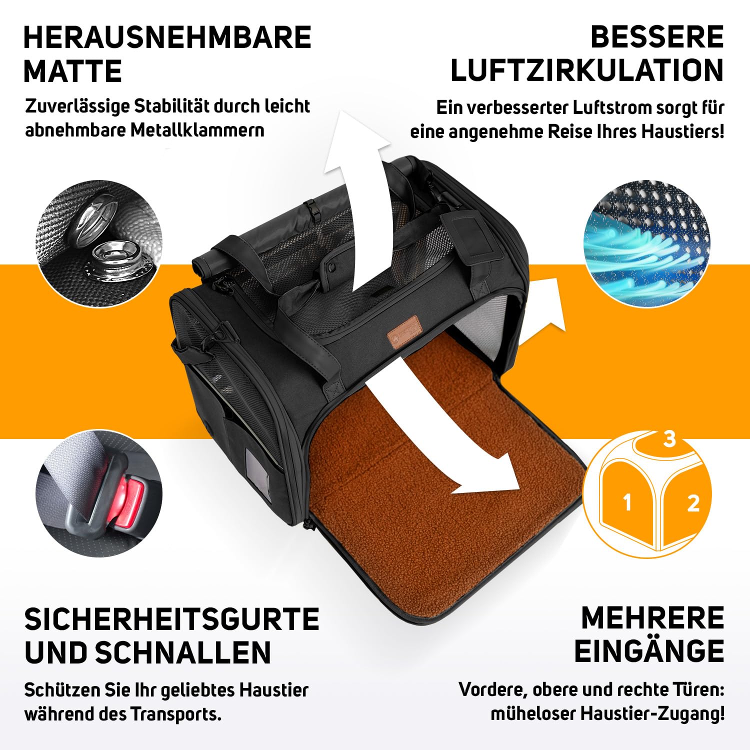 PETPROVED Transportbox Katze Hund Hundetasche für Kleine Hunde Katzentransportbox Katzen Transportboxen Hundetragetasche Tragetasche Hund Katzentasche Katzenbox Katzenkorb Transport (L Schwarz)