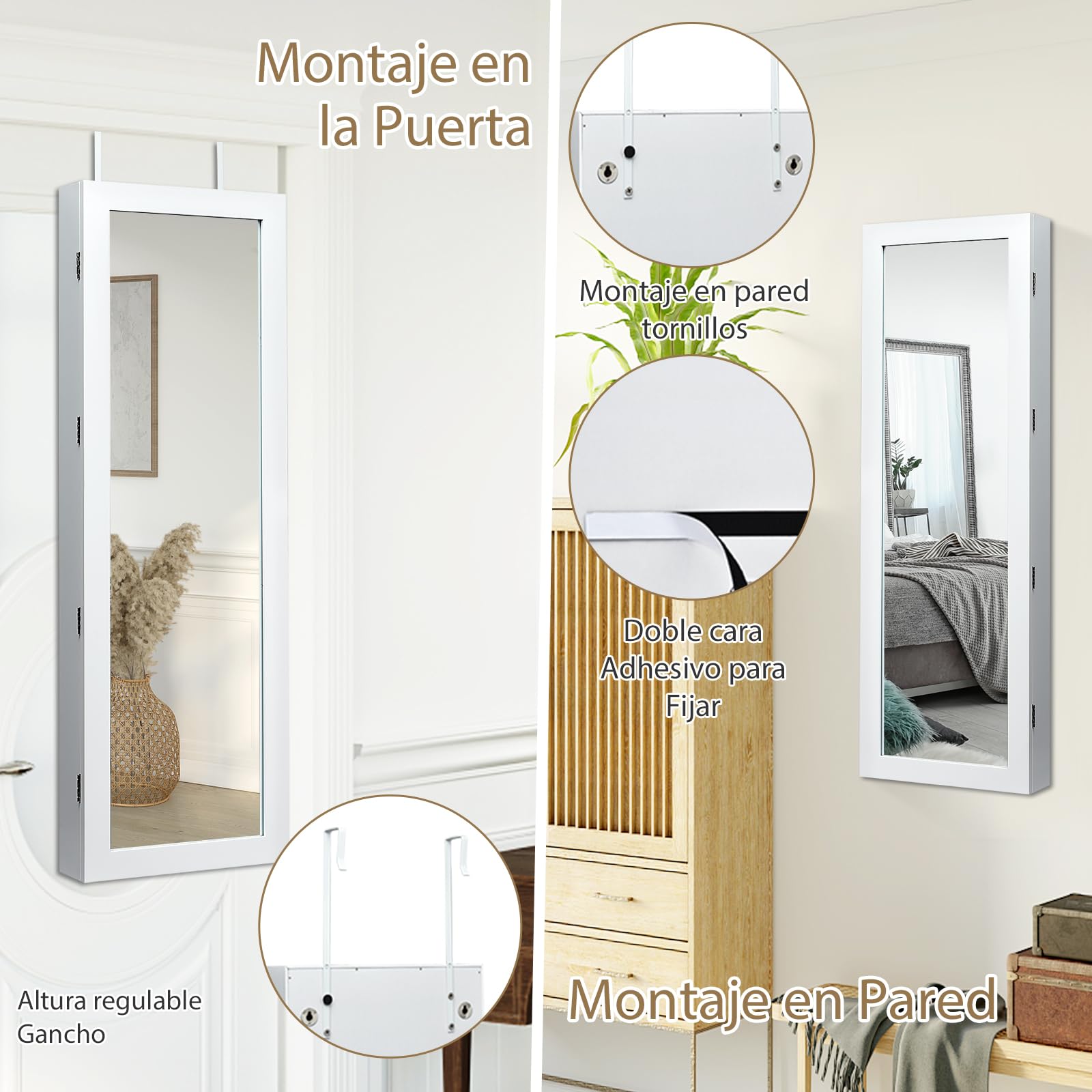 GOPLUS Armario Joyero, Espejo Joyero de Pared, con Luces LED y Cierre, llaves, Almacenamiento para Pendiente Collar, Organizador de Maquillaje con Espejo y 2 Cajones (Blanco, 108 x 37 x 9,5 cm)