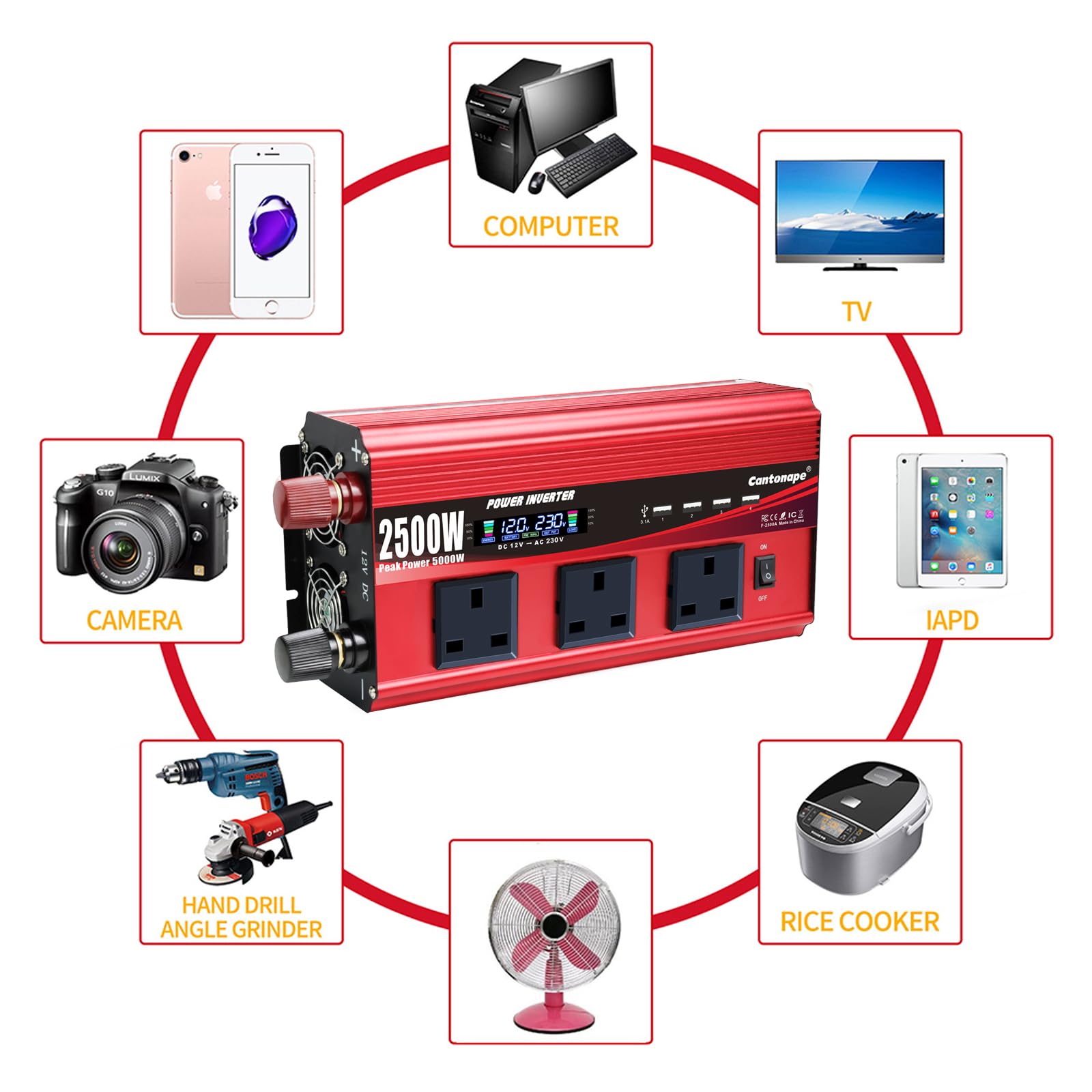 Cantonape Inversor De Corriente Coche 2500W 5000W de12V A 220V con 4 USB y 3 tomas Reino Unido con control remoto inalámbrico para Coche, Caravana, Barco, cámping