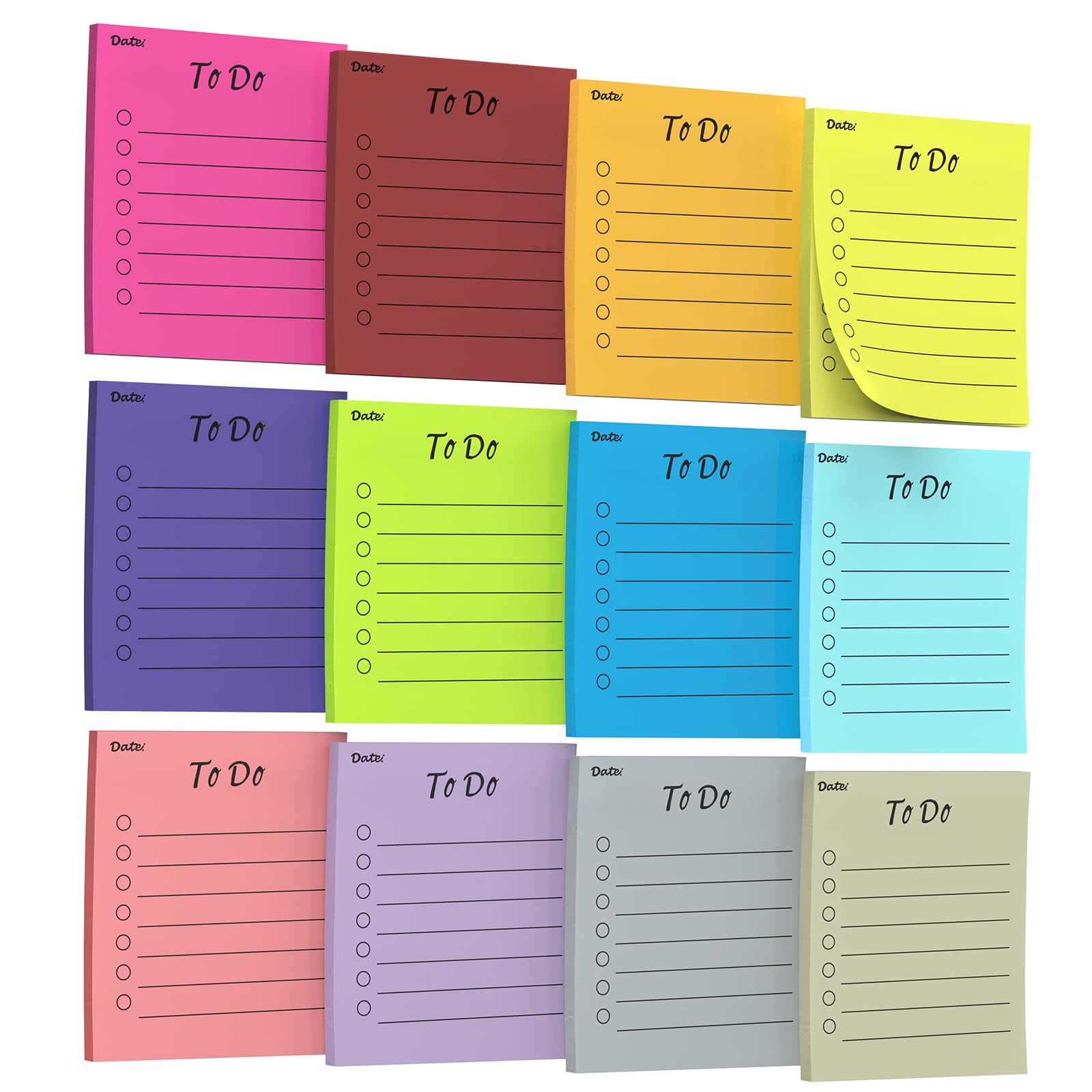 RITOLLO 600 Sheets to Do List Sticky Notes - 12 Pack Bright Color Lined Self-Stick Notepads, 8.9×7.6cm for Office, School & Home Organization (8.9×7.6cm)
