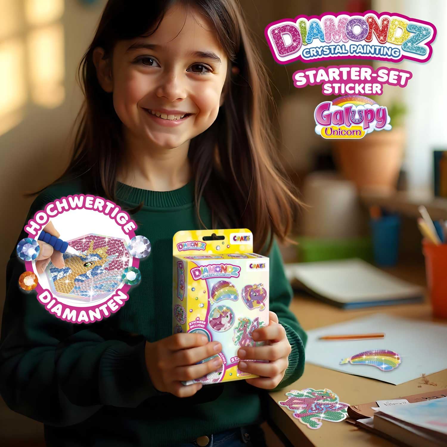 CRAZE DIAMONDZ – Starter Set De Pegatinas Galupy Unicorn, Kit De Pintura Con Diamantes Para Niños