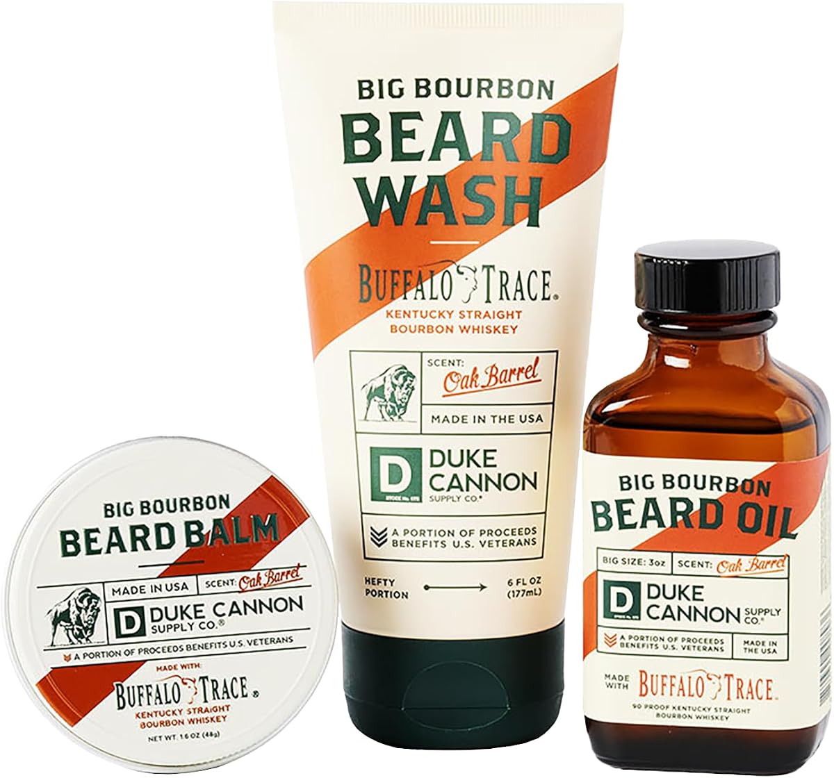 Duke Cannon Big Bourbon Beard Care Kit, Oak Barrel Scent, 3-Piece Set | Complete beard grooming set with 6oz wash, 1.6oz balm, and 3oz oil for soft, conditioned facial hair.