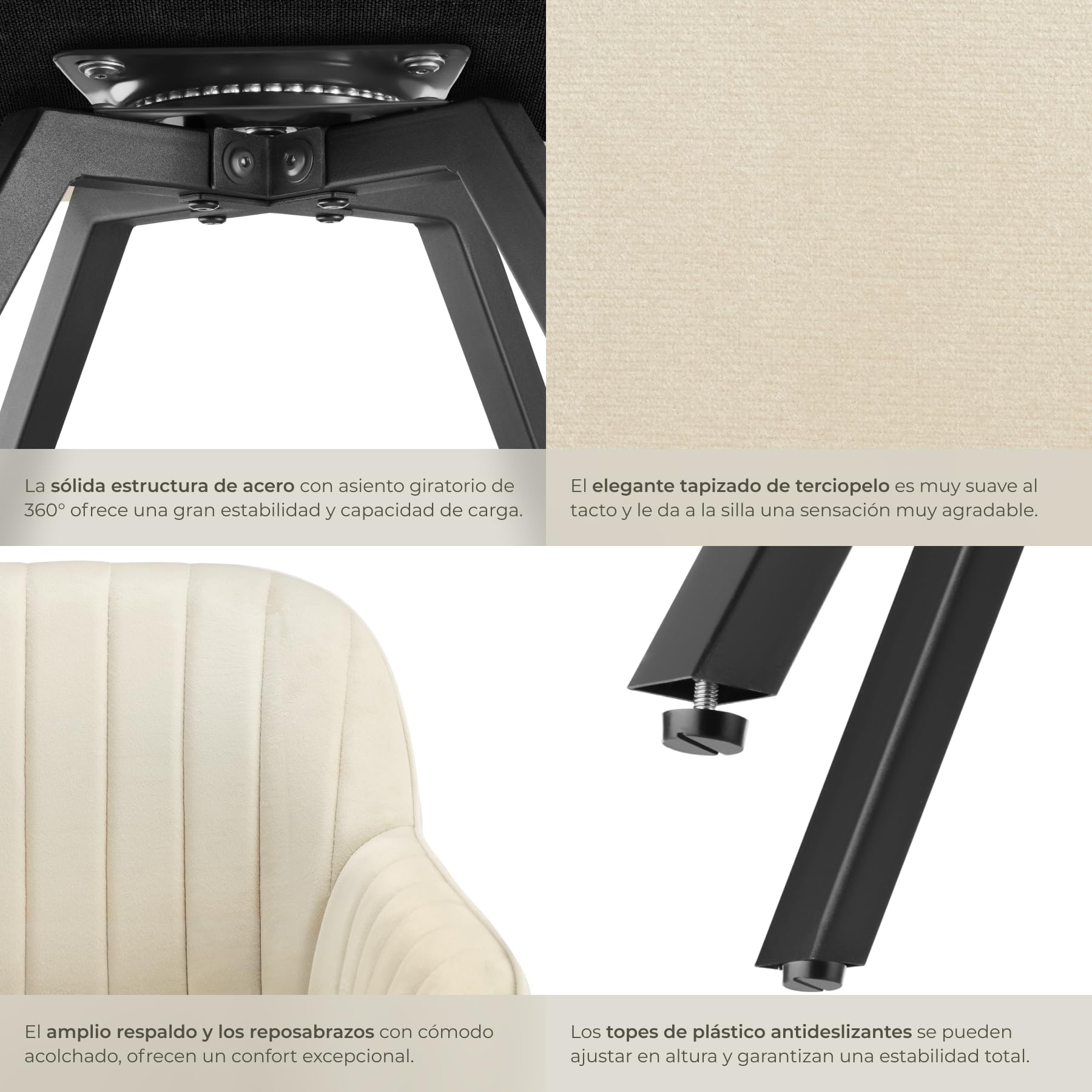 tectake® Sillas de Comedor Giratorias con Funda de Terciopelo, Acolchada, Respaldo Continuo, Silla Dormitorio, Silla con reposabrazos, sillas nordicas, Muebles Salon Modernos - 1 Silla Crema