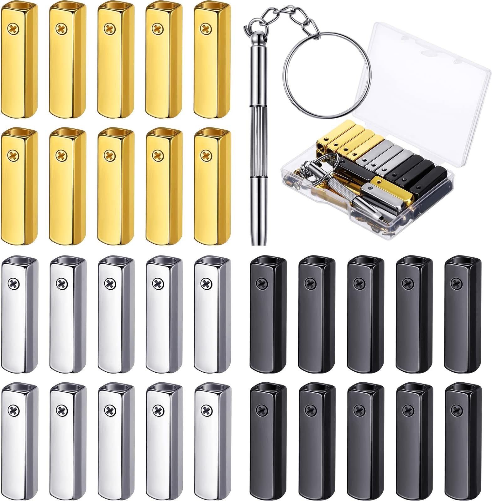 30 Pcs Metal Aglets Shoelace Tips Shoe Lace Hoodie String Caps DIY Aglets for Shoelace End Caps with Screwdriver Shoe String Tips Head for Canvas Sneakers Hoodies Clothes(Gold, Silver, Black)