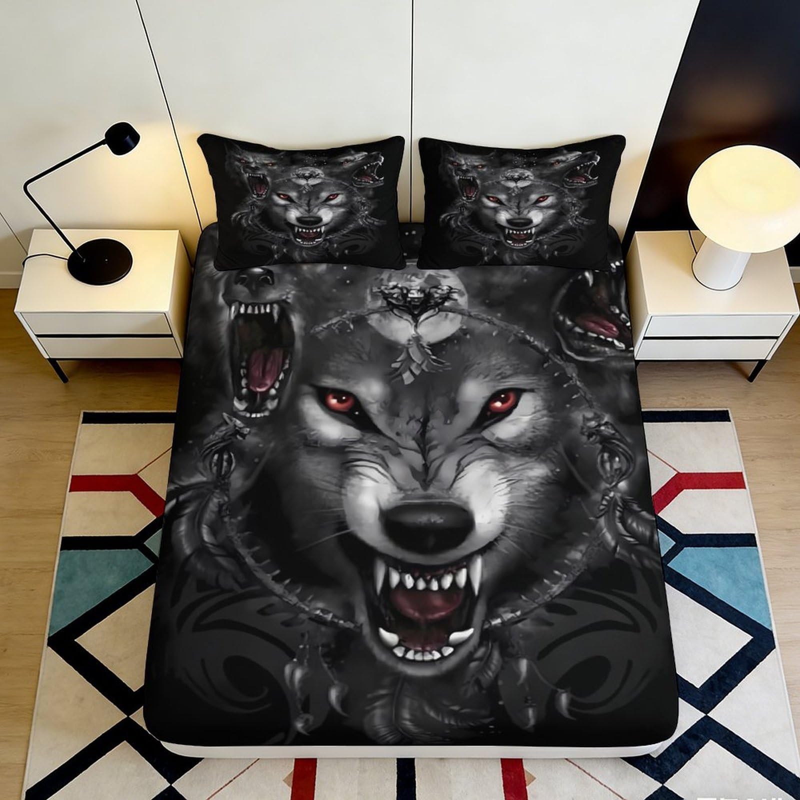 3D Printed Fierce Wolf Fitted Sheet Microfiber Soft Non-Slip Bed Cover for Bedroom Dorm Mattress Protection Decor 90x200x25cm