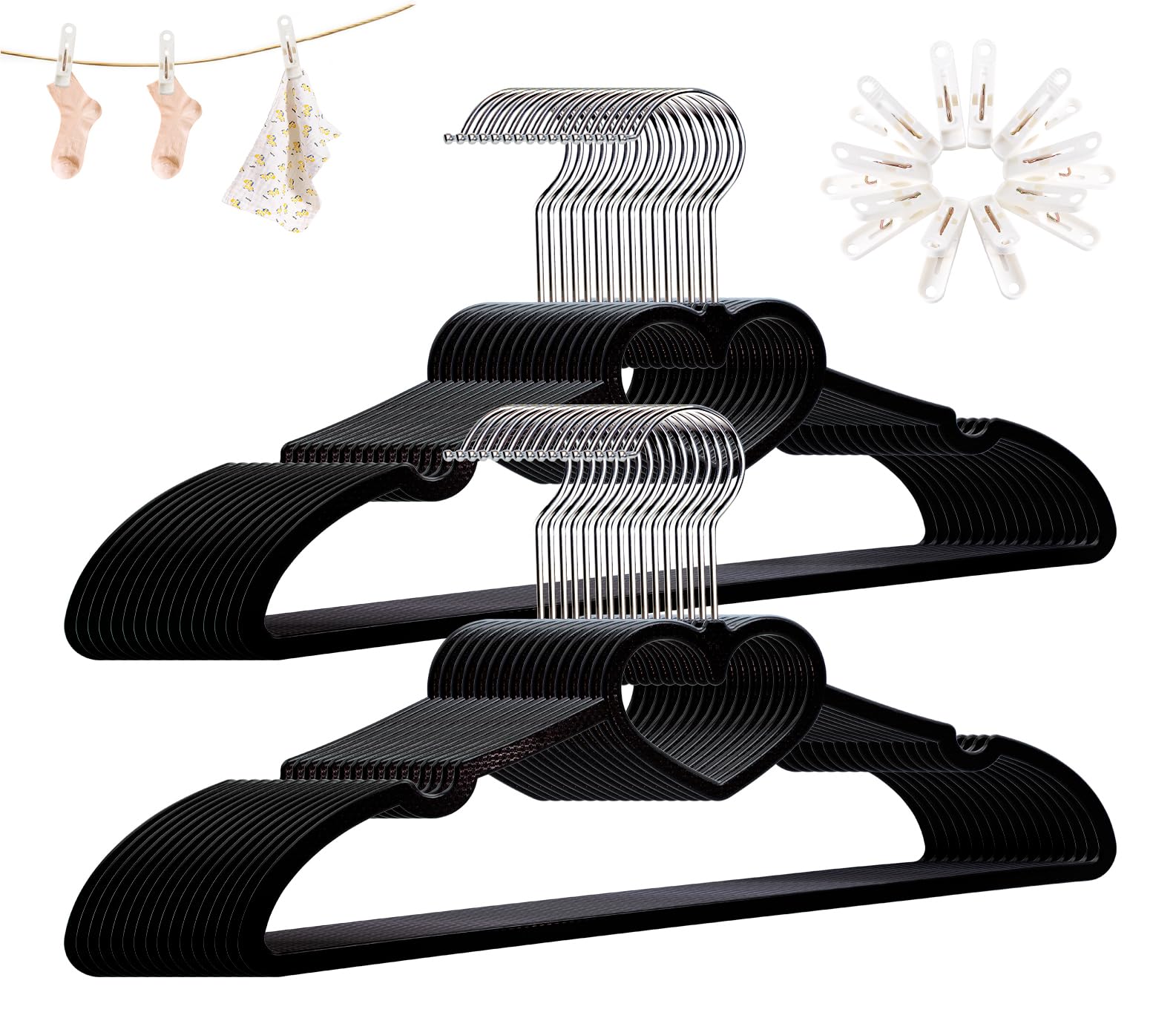 ZRKFSR Clothes Hangers with Heart Extra Thin Space-saving Slim with 360 Degree Swivel Hook and Paper Clips Strong, Durable for Dress Black, 30 Pcs