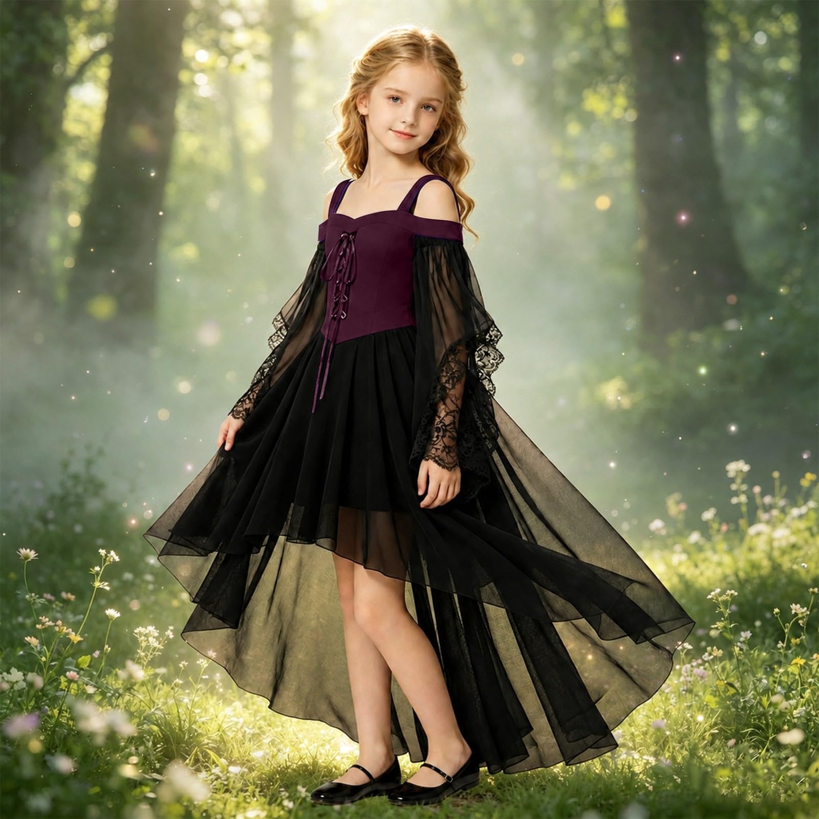 Vokuhila - Vestito medievale per Halloween, per bambine, gotico, cosplay | Vestito da principessa per bambini, a maniche lunghe, con spalle scoperte, in pizzo, stile vittoriano, vampiro, carnevale
