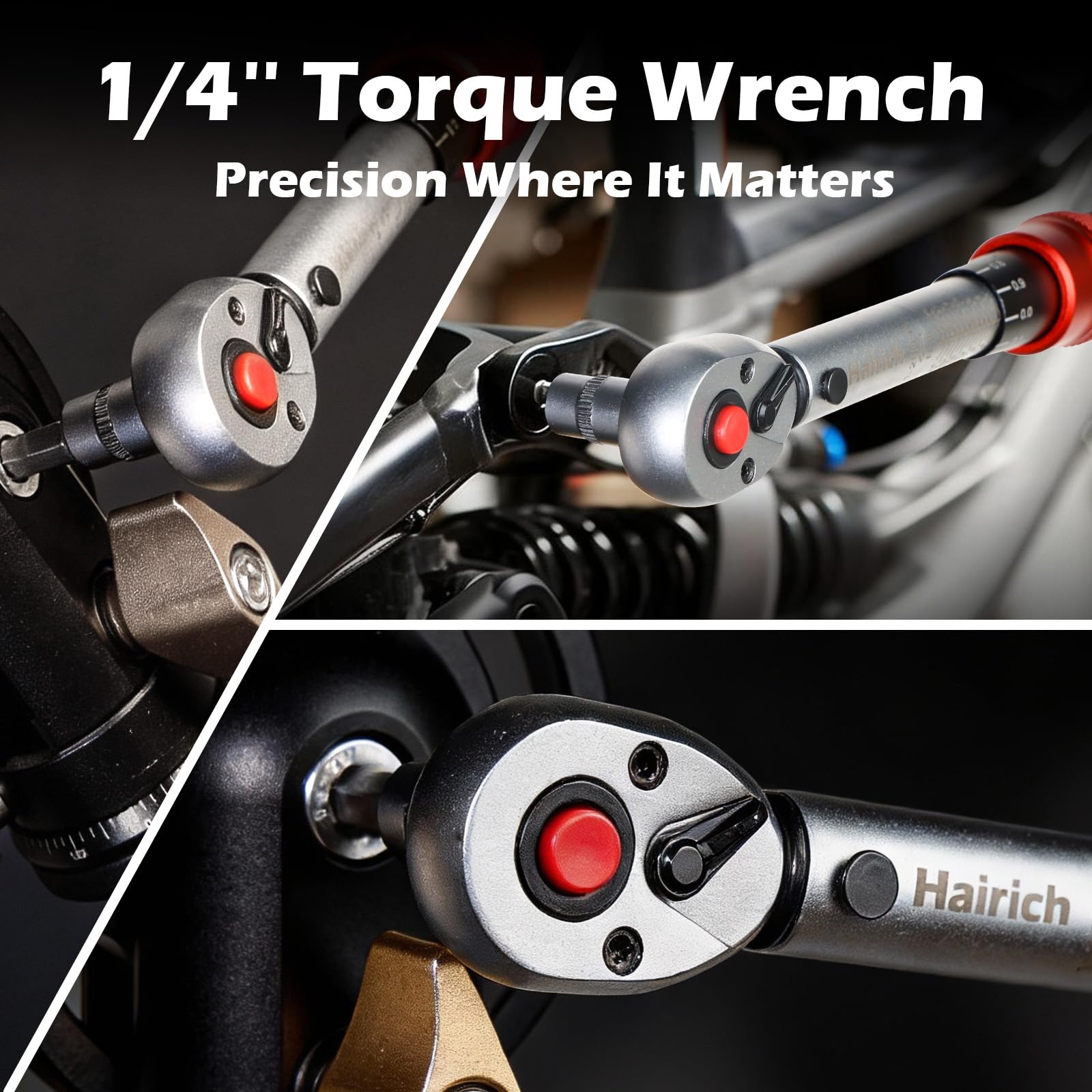 Hairich Clé dynamométrique pour vélo 1/4" 1-25 Nm, précision ± 3 %, cliquet à 72 dents, 33 pièces avec rallonge, adaptateur 1/4" à 3/8" et joint de cardan, pour vélo et moto