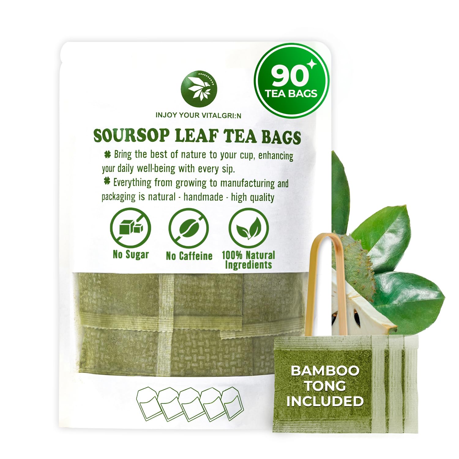Soursop Graviola Leaf Tea Bags, 90 Count, Bamboo Tong Included, No Sugar Added, No Caffeine, Hoja De Guanabana, Re-Steep Morning Herbal Detox Tea for Relax, Refreshing & Pure Taste