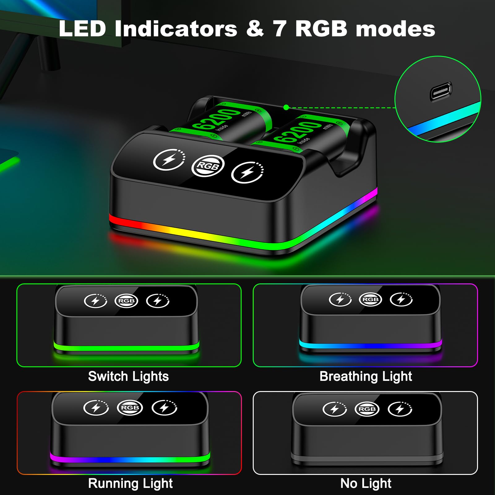 HELLCOOL Batteria per controller Xbox, 2 batterie ricaricabili da 6200 mWh con dock di ricarica Xbox/Cool RGB/cavo di ricarica, caricabatterie per Xbox Series X|S, Xbox One/Elite/S|X