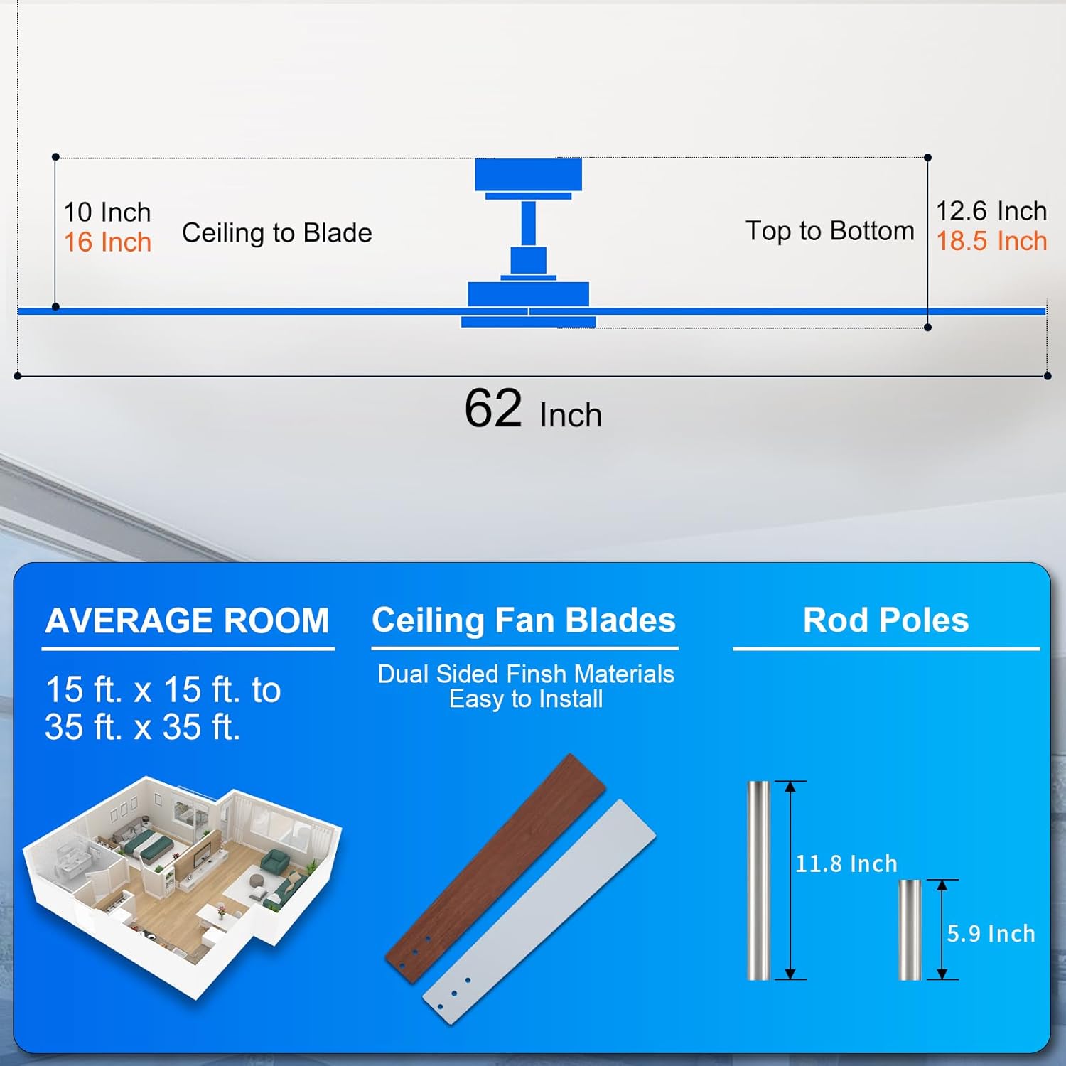 62 Inch Ceiling Fans with Lights and Remote, Nickel Large Ceiling Fan for Bedroom Living Room Indoor/Outdoor, 6 Speed Reversible DC Motor, 3CCT, Downrod, Dual Color 8 Blades, ETL Listed
