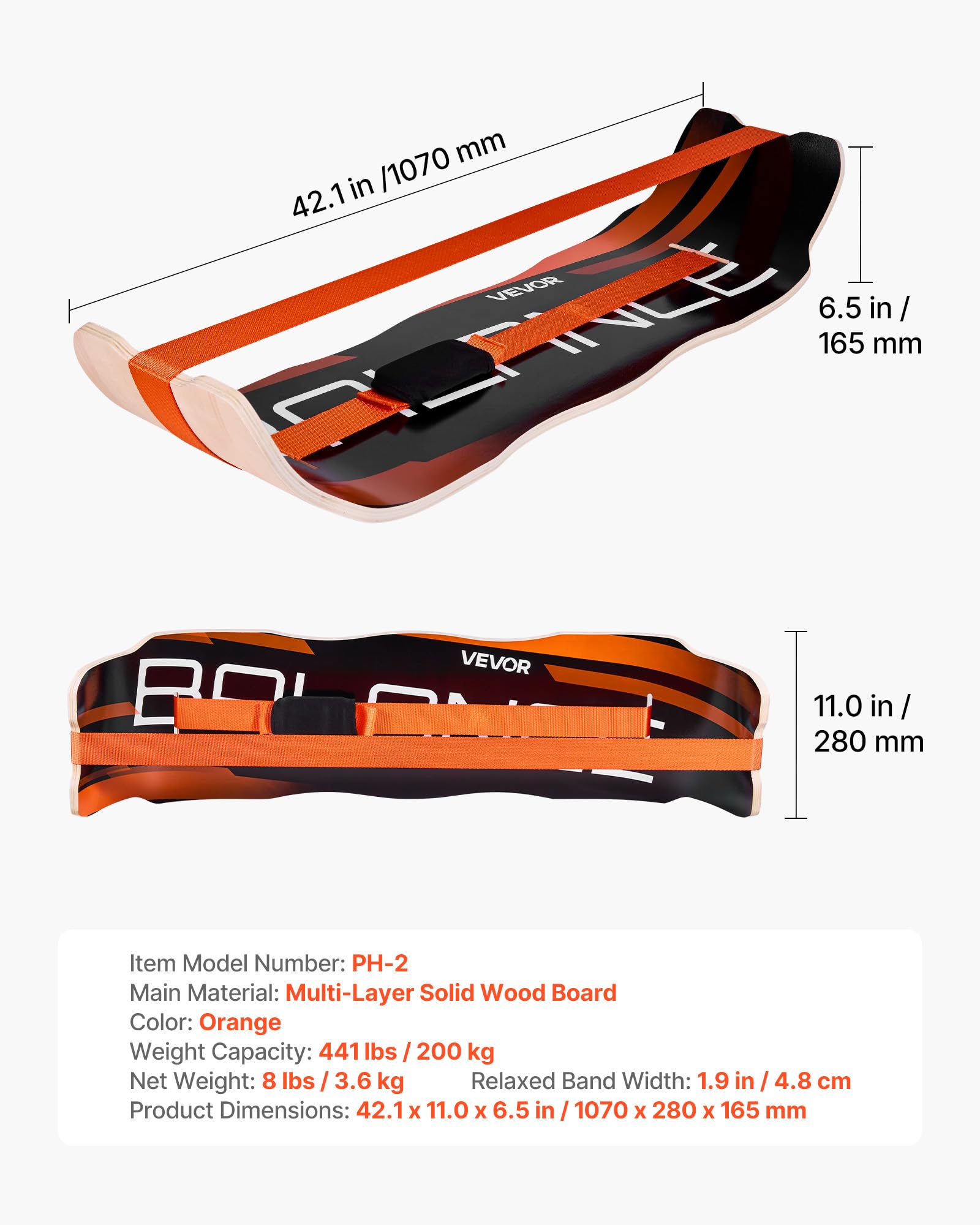 VEVOR Balance Board für Erwachsene (107 cm), Wackelbrett bis 200 kg Belastbar, Gebogenes Balance-Trainingsgerät mit Gurt für Core-Workouts Stehpultübungen Heim-Fitnessstudio Yoga, Orange Schwarz