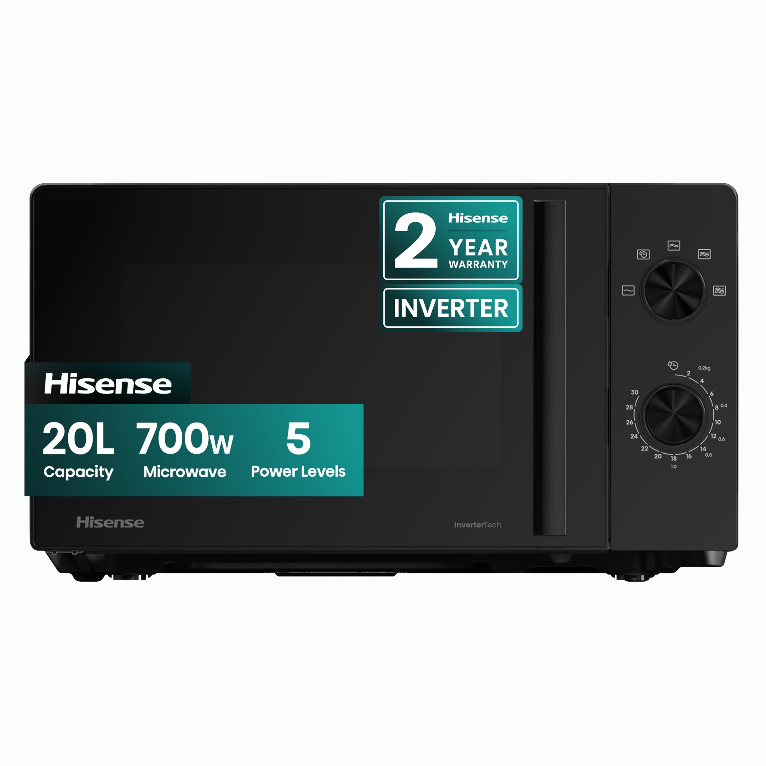 Hisense 700 Watts 20 Litre Inverter Microwave Oven H20MOBP1HIUK Black, Automatic Defrost, 5 power levels, Easy Clean, H24.1 x W43.4 x D32.9 cm Freestanding