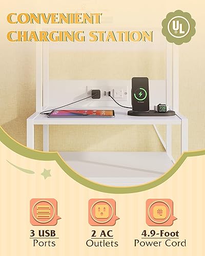 Miniatura 5 de WLIVE Mesita de noche alta blanca con estación de carga, mesita de noche LED con 3 cajones de tela y estantes abiertos de almacenamiento, mesa de