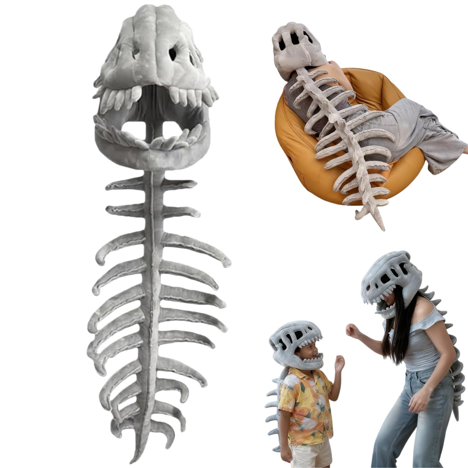 Dinosaur Skeleton Costume–3D Spinosaurus Skull Mask Headpiece & Spine Tail for Halloween Cosplay Costume Party(29.5in-grey)