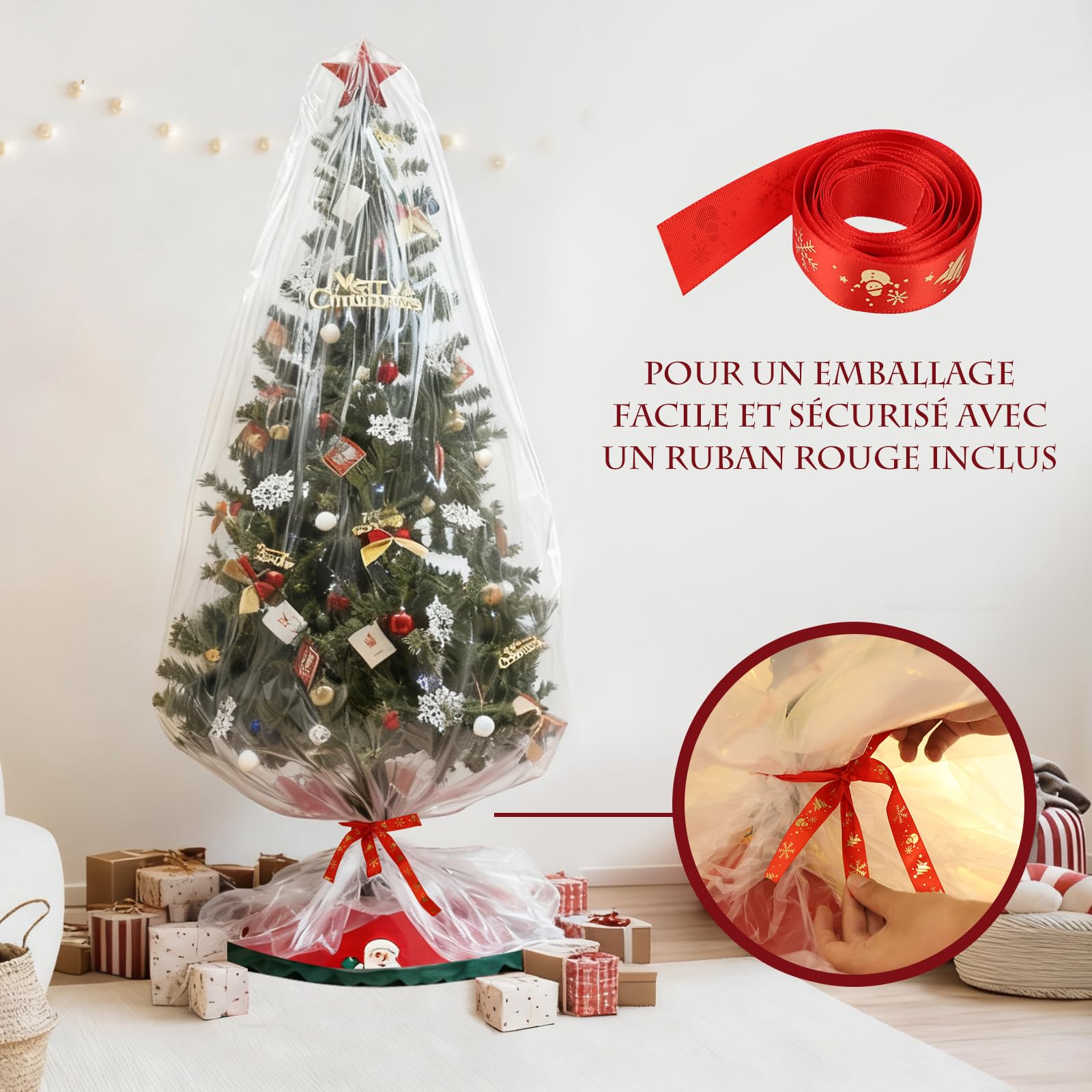 Sac de Rangement pour Sapin de Noël Arbre Transport étanche Extra Large,2,7 m de Haut par 1,8 m de Large,Sac en Plastique Imperméable - Clear