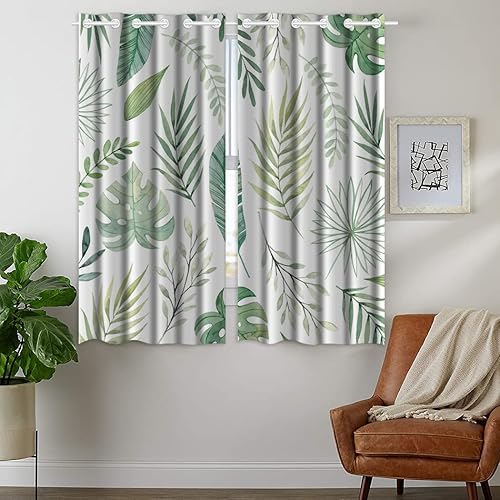 Miniatura 2 de YISUMEI Cortinas de plantas, hojas de palma verde tropical, cortinas opacas decorativas botánicas para dormitorio y sala de estar (2 paneles, 42