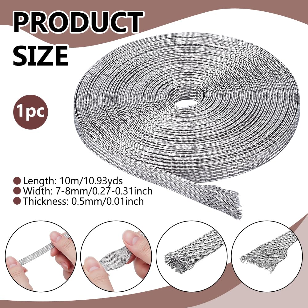 NBEADS 10 m Gaine Tressée en Acier Inoxydable, Gaine de Blindage pour Câble Tresse de Masse Ruban Réseau Extensible de 7-8mm de Large pour la Protection des Câbles