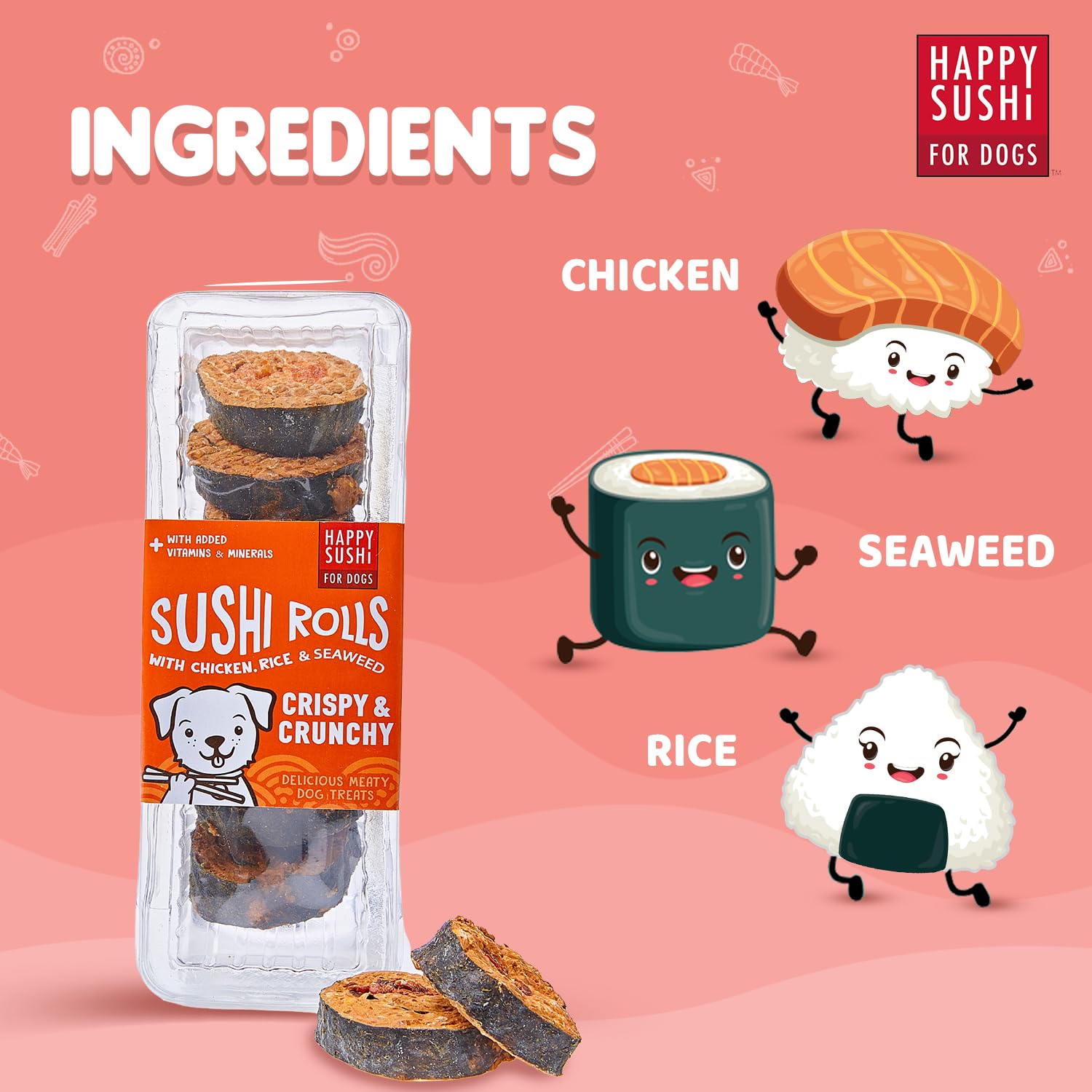 Novee Dog Treat Variety Pack with Pow Duo Filled Bones Chicken and Duck 128g, Happy Sushi Rolls with Chicken Rice and Seaweed 112g, Novee Dog Biscuit 450g 3