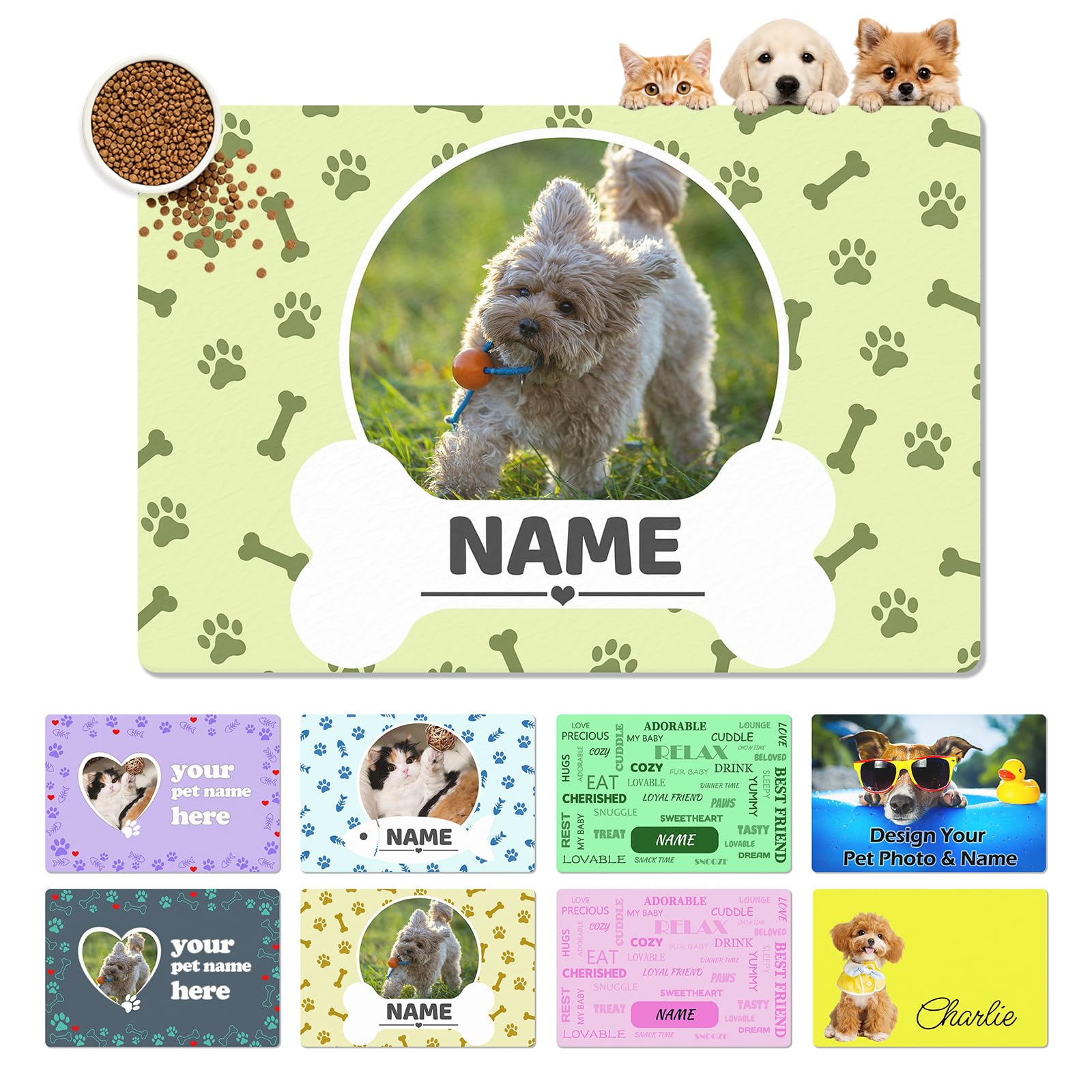 Custom Dog Bowl Mat with Name Photo,Personalised Cat Feeding Mats,Absorbent PU Non Slip Rubber Backing,Customised Pet Food Mat for Indoor Floors,Near Dog Bed,Cat Area, for Friend Family