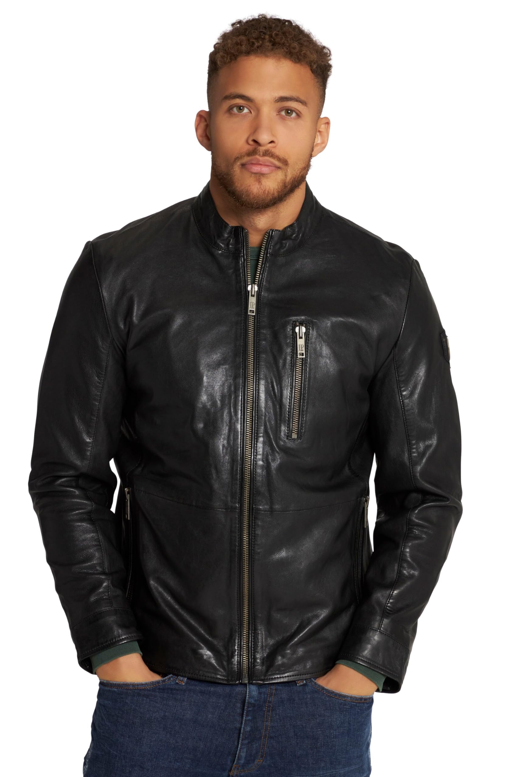 JP 1880 Chaqueta de Cuero, Estilo Motero, Cuello alzado, Cremallera 815880