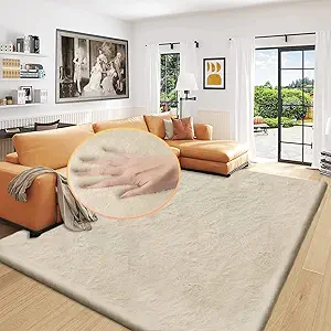 Washable Area Rug 6x9 Rugs for Living Room Camel Plush Faux Bunny Fluffy Fur Rugs for Bedroom Large Shag Nursery Rugs