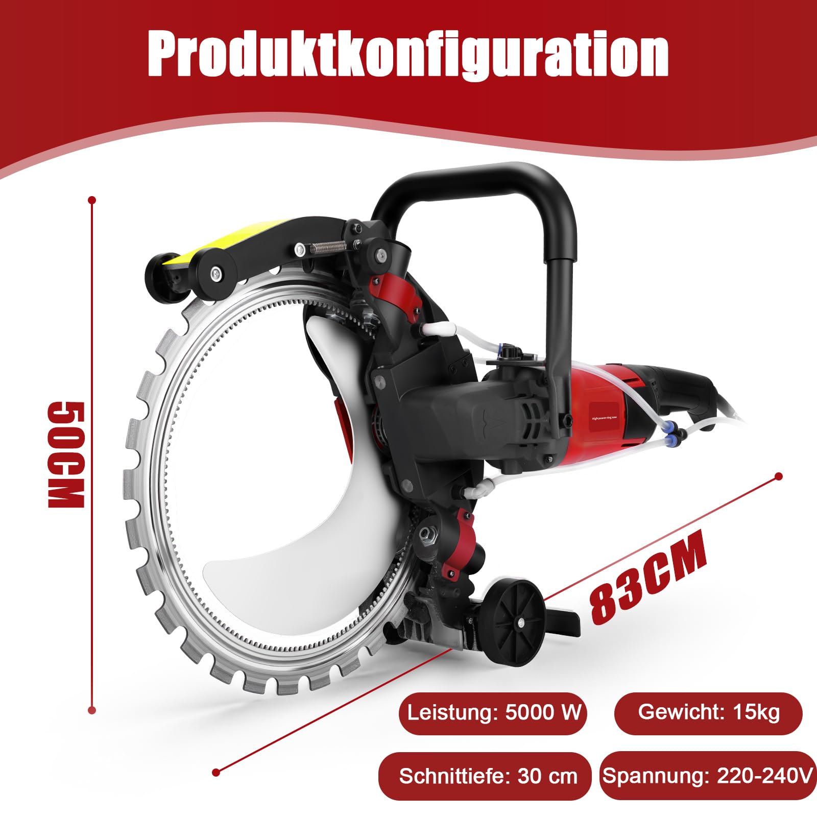 Elektrisch Betonsäge 5000W, 408 mm Diamantblatt, Schnitttiefe 300 mm | 2200 U/min Hochleistungs-Kreissäge Steinsäge mit Wasserpumpe für Stein und Ziegel Nassschneid