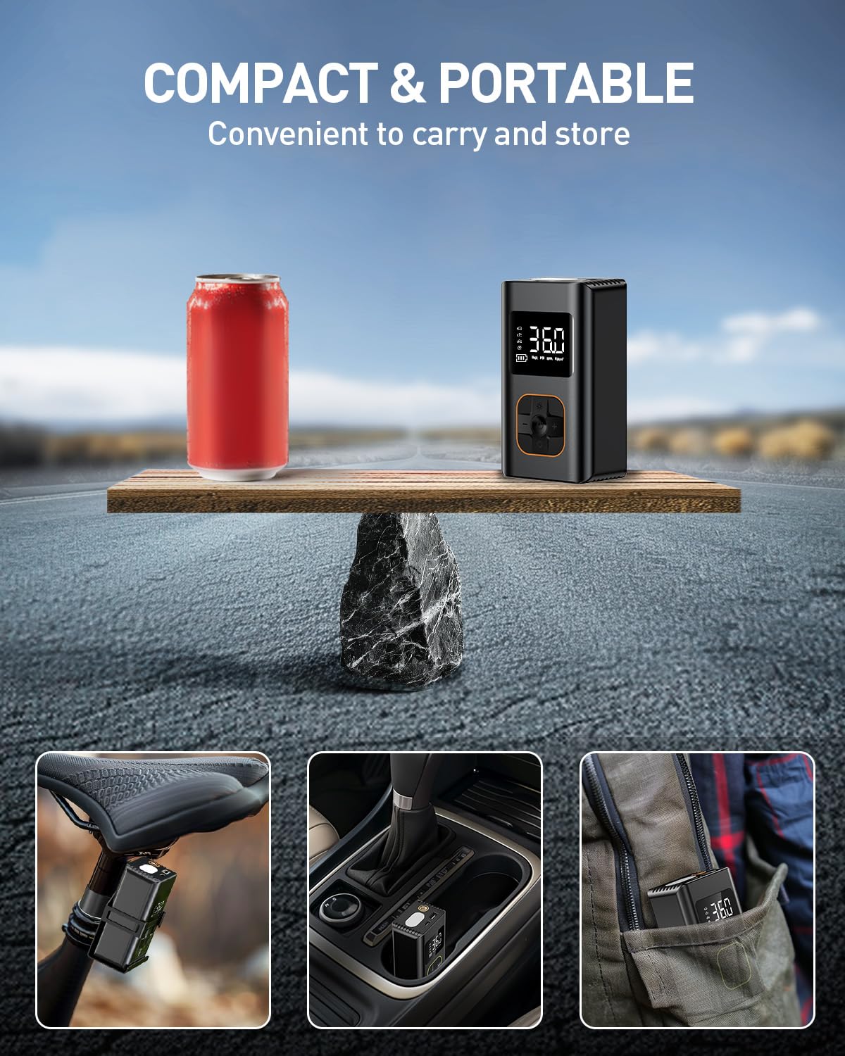 KIAIR Tire Inflator Portable Air Compressor - Fast Cordless Air Pump for Car Tires, 150 PSI Electric Bike Tire Pump with LED Light and Digital Pressure Gauge for Motorcycle, Auto, Ball, Bicycle