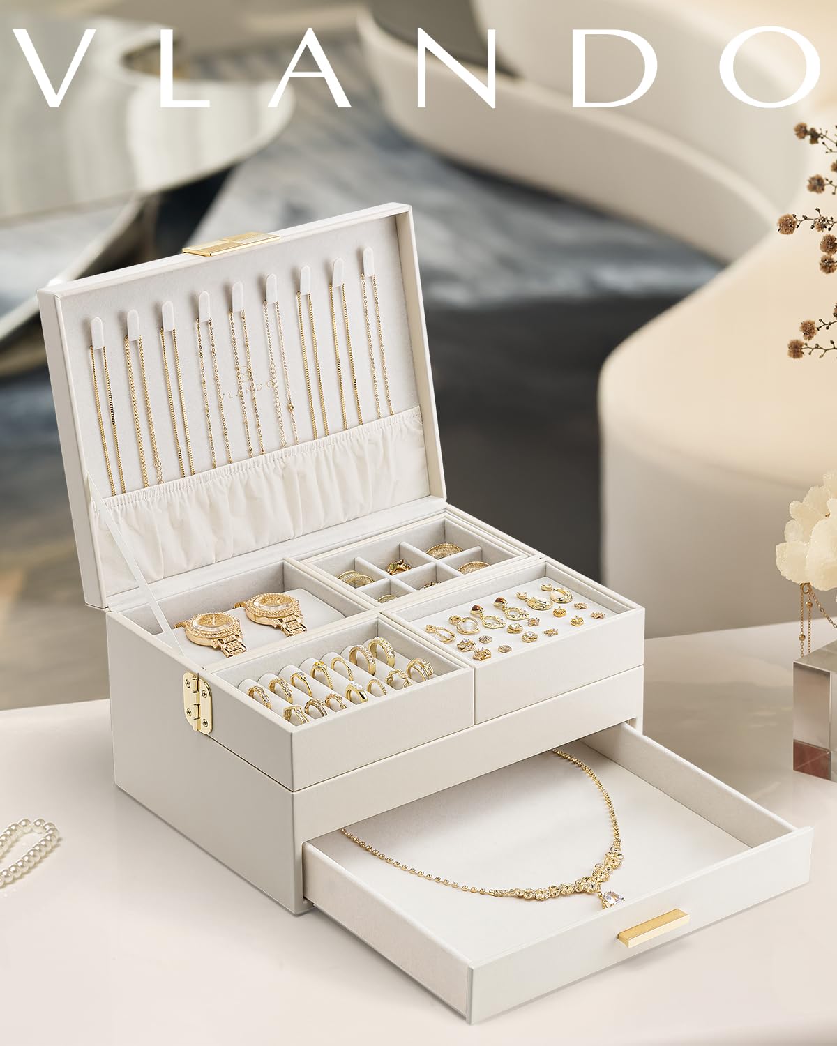 VLANDO Boîte à bijoux grande pour femmes - Organisateur de bijoux avec plateau coulissant - Boîte à bijoux avec tiroir pour colliers, bagues, bracelets, boucles d'oreilles - Pour mères et filles