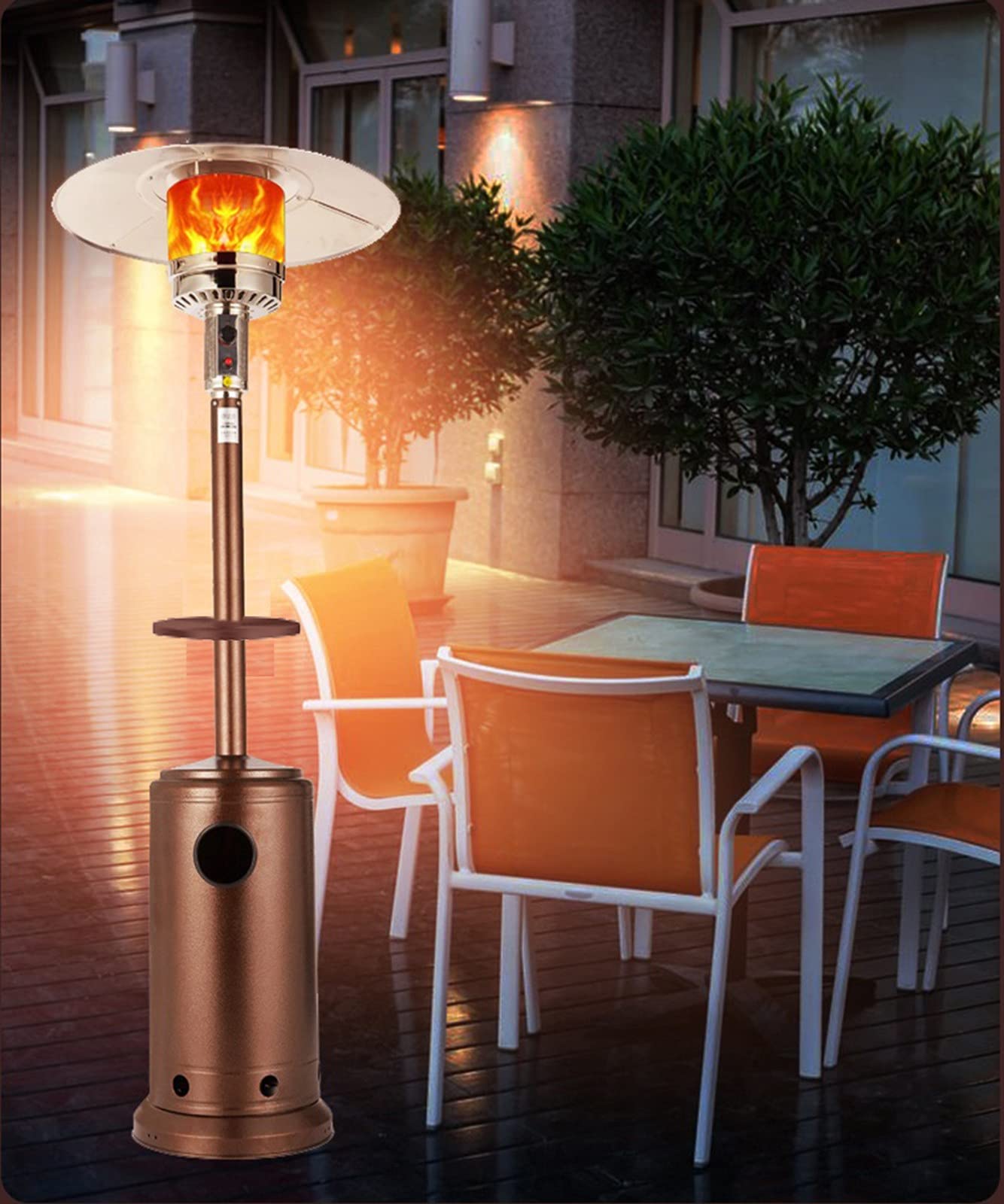 Parasol Chauffant Gaz, 13 KW, 88Ich, Acier INOX +Table E roulettes, Type Indépendant, Chauffage d'extérieur Gaz, Poêle de Gaz GPL Adapté À L'extérieur, Au Jardin Et Au Salon Brown