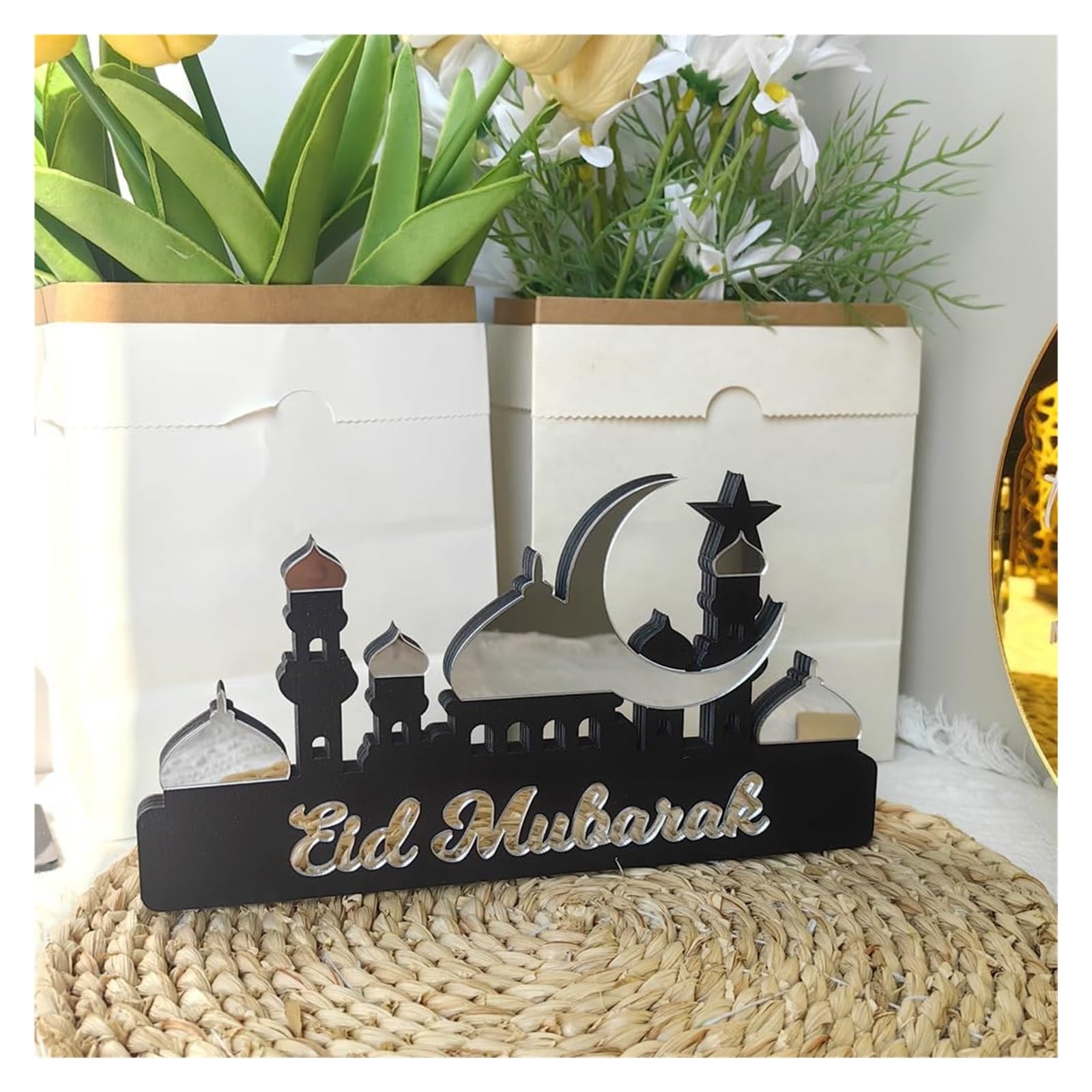 Ozdoby ramadanowe na domowy stół, Ramadan Kareem Dekoracja stołu Drewniana akrylowa dekoracja Eid Mubarak(Silver B,S)