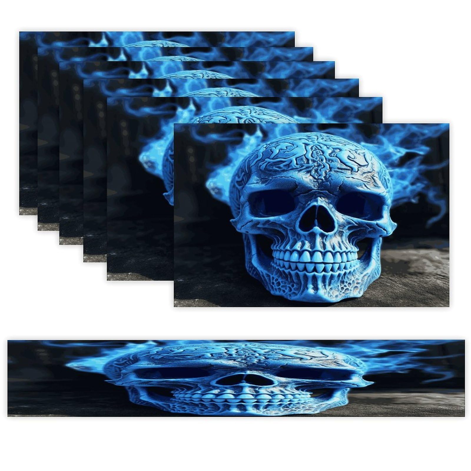 3D Print Blue Skull Table Runner and Placemats Set of 6 Wipe Clean Heat Resistant Table Mat with Table Runner Decorations Flax Linen Place Mat Set for Home Kitchen Party Supplies