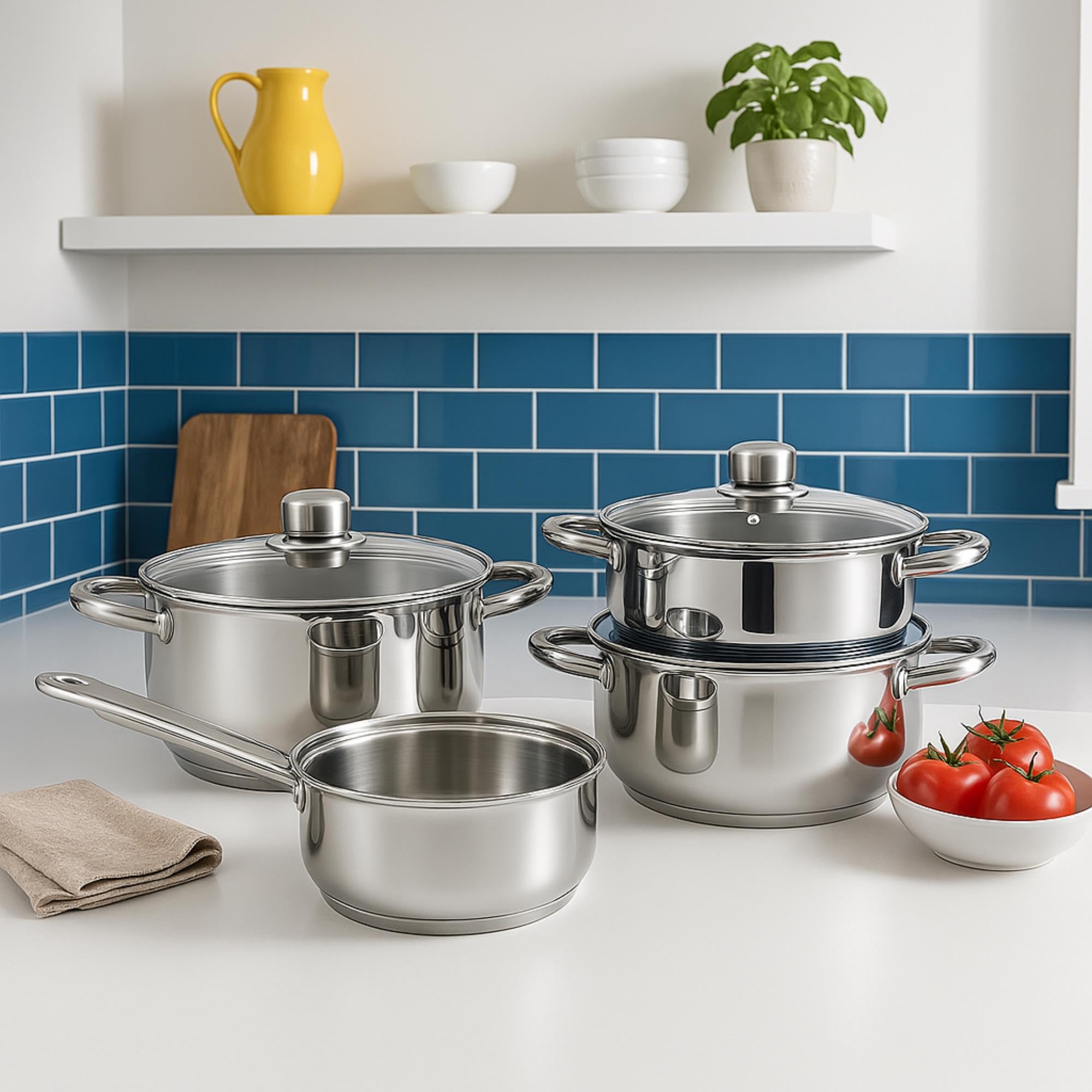 Well Home Set de batterie de cuisine 7 pièces et poêles en acier inoxydable Ø20 et Ø24 x 5 cm, convient pour induction et sans antiadhésif