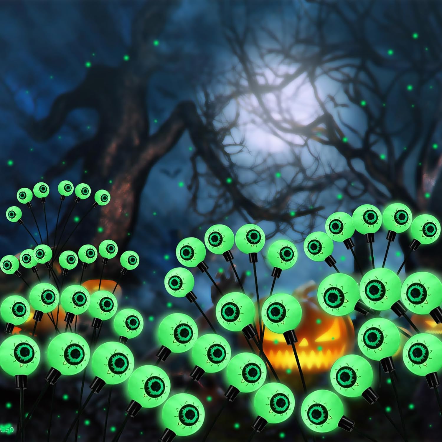AIKEI Solar Halloween Lights Outdoor, Solar Scary Eyeball Lights, 2 Pack 12 LED Eyeball Swaying Firefly Lights,Waterproof Halloween Decoration for Yard Garden Party Supplies,Green Lights