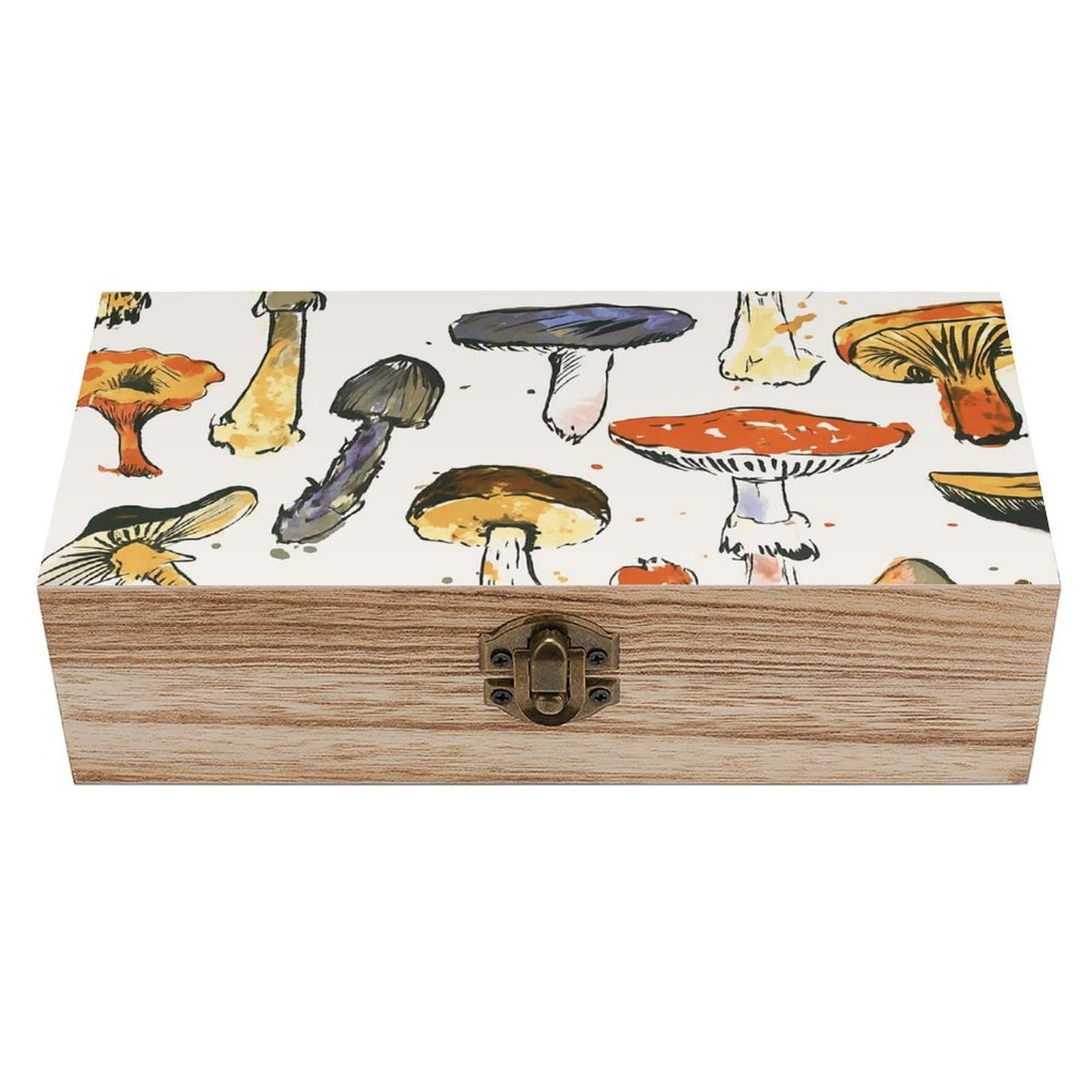 Oudrspo Hand-drawn Mushroom Retro Wooden Storage Box Keepsake Jewelry Decorative Art Storages Box Gift Boxs