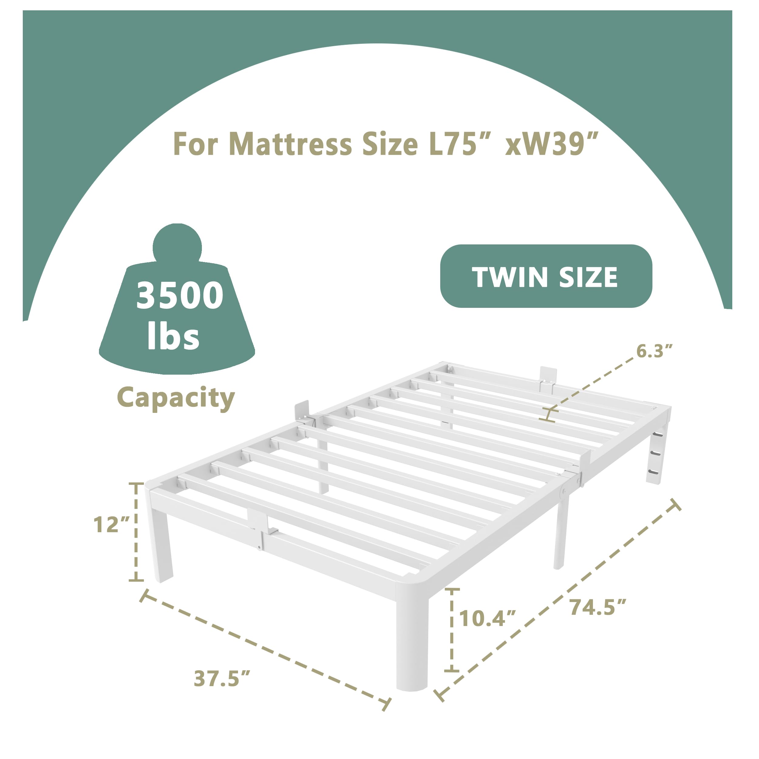 Bastidores de cama individuales blancos de 12 pulgadas, marco de cama de metal tamaño individual con patas de esquina redondas, soporte de acero resistente de 3500 libras, espacio de 2