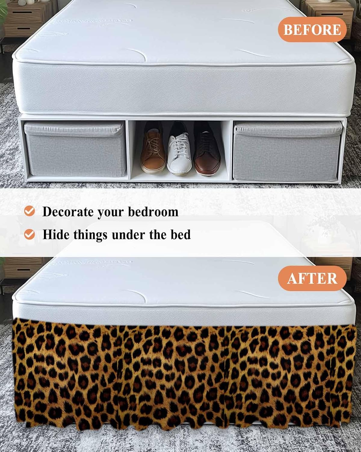Wrap Around Bed Skirts for King Beds, Leopard Print Ruffle Bed Skirt with Adjustable Elastic Belts Easy Fit 18 Inch Drop Brown Vintage Animal