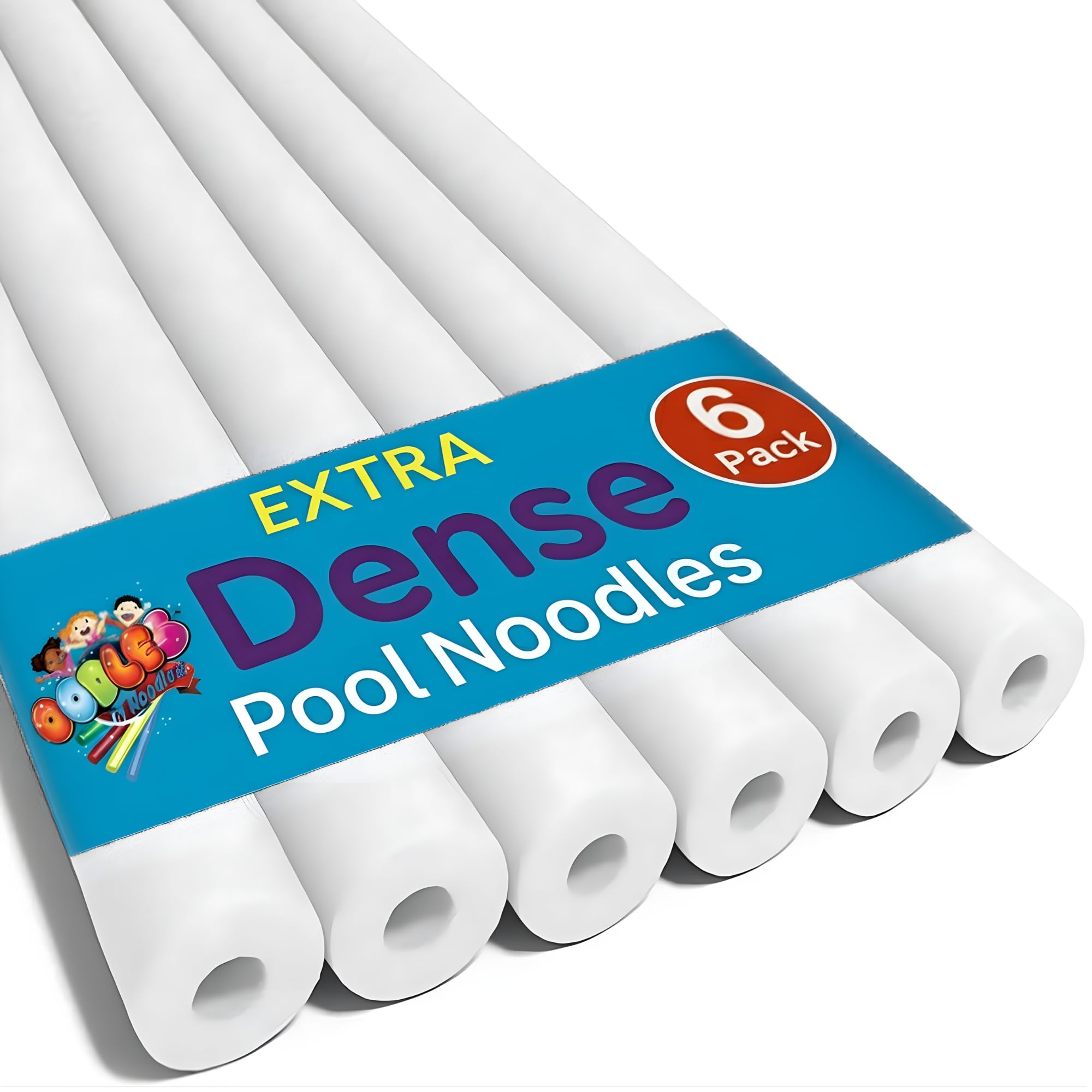 Oodles of Noodles Deluxe Pool Noodles – 6 Pack White Soft Foam Tubes, 48” x 2.5” Hollow Core – Extra Dense, Durable – Pool, Beach, Crafts – Made in North America
