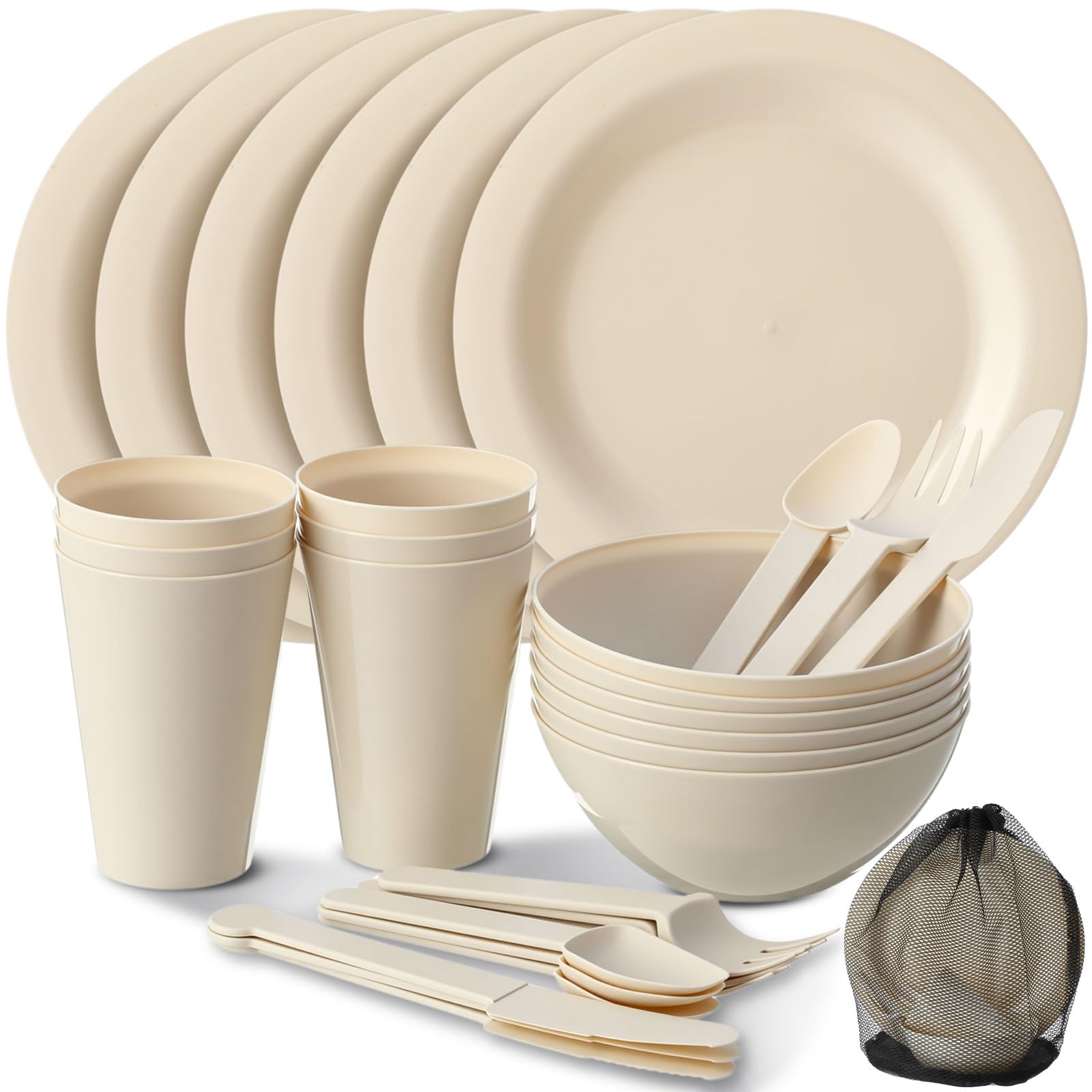 LemonRoad 6 Set Beige Plastic Dinnerware Set with Cutlery Unbreakable Plates and Bowls with Storage Mesh Bag Dishwasher & Microwave Safe Reusable Dish for Camping Rv Outdoor Kitchen Apartment Dining