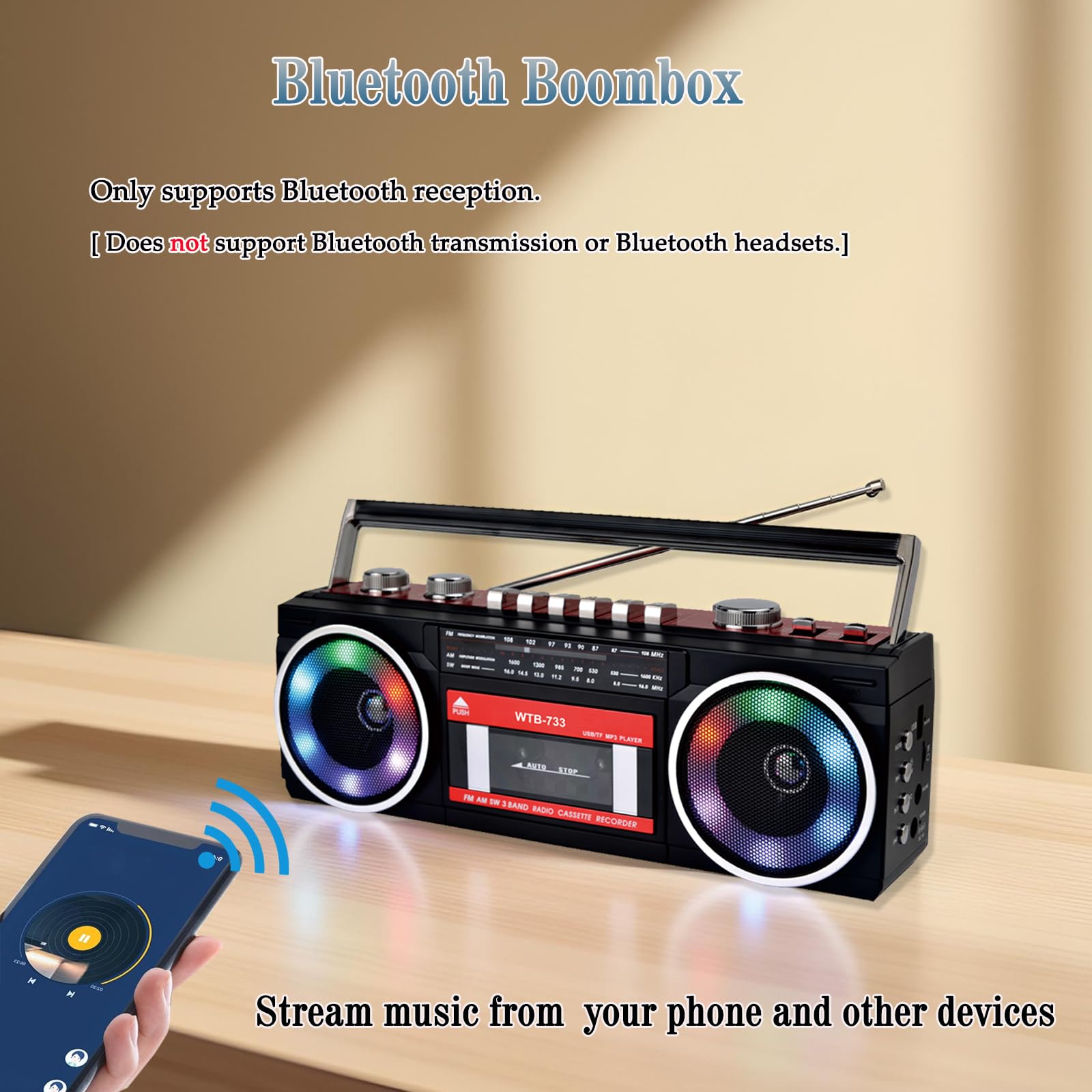 Magnetofon kasetowy w stylu lat 80. z Boombox Bluetooth, radiem AM/FM/SW, nagrywaniem USB, gniazdem słuchawkowym, dźwiękiem stereo, 16 W, zasilacz AC/DC