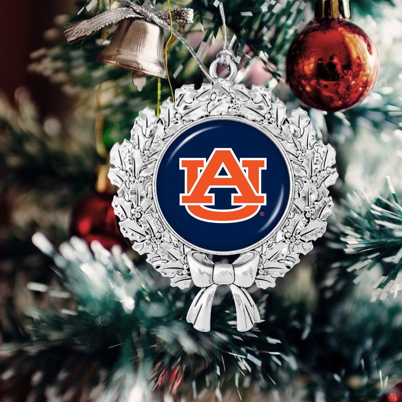Auburn Tigers Wreath with Team Logo Silver Metal Christmas Ornament Gift Tree Decoration AU